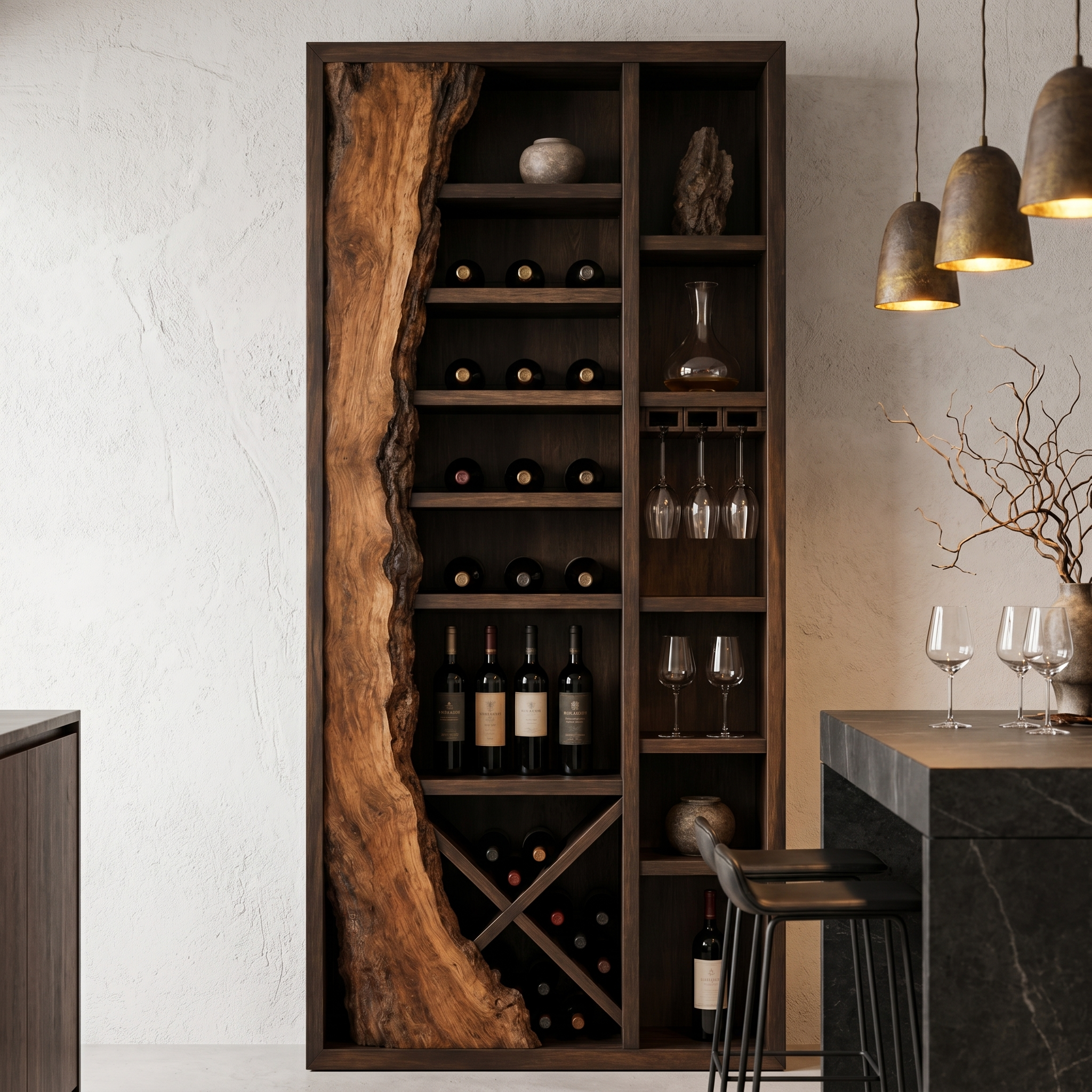 Rustic Wine Cabinet With Live Edge Wood Inlay And Built In Bottle Storage For Dining Room