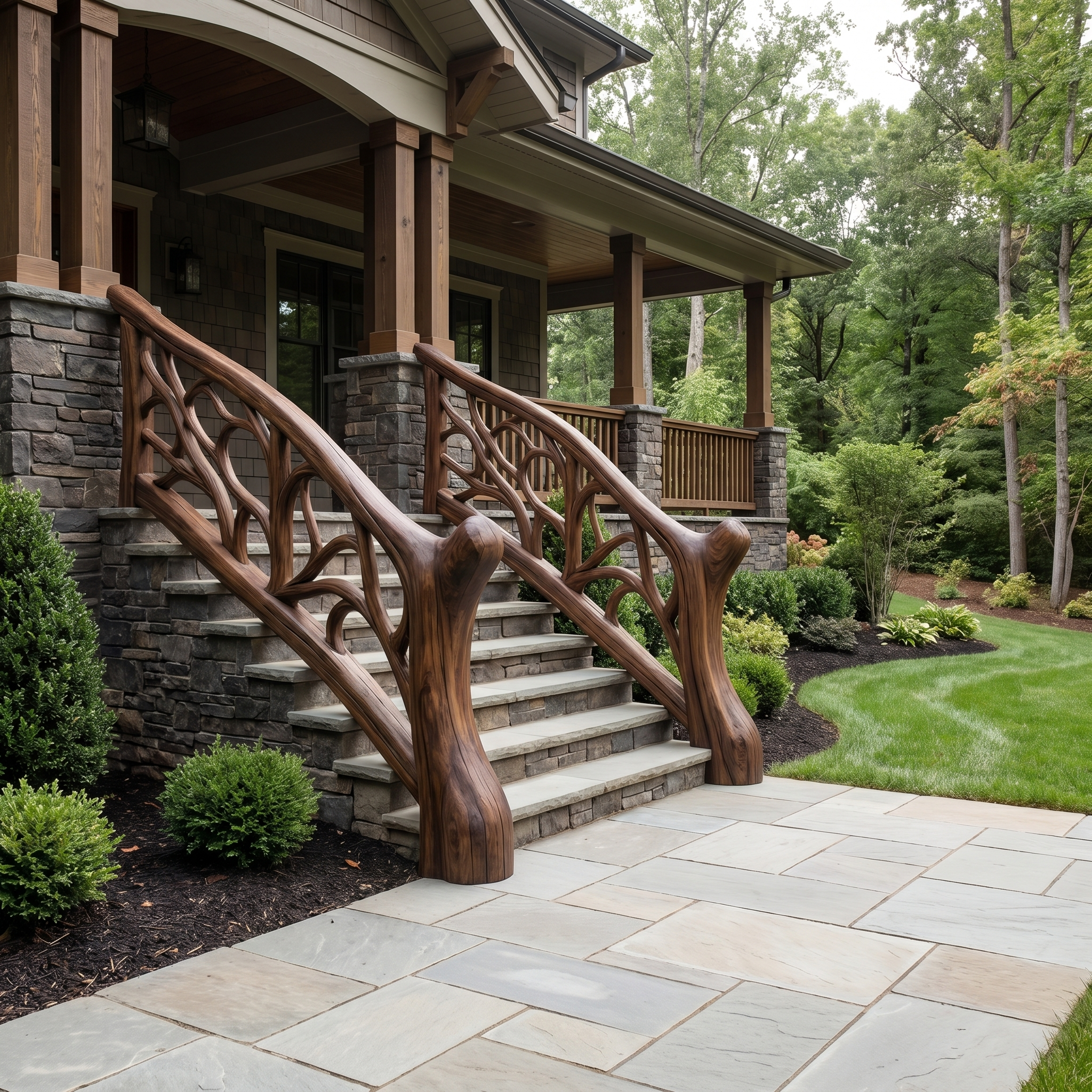 Organic Sculptural Stair Railing With Flowing Wood Design For Modern Interior