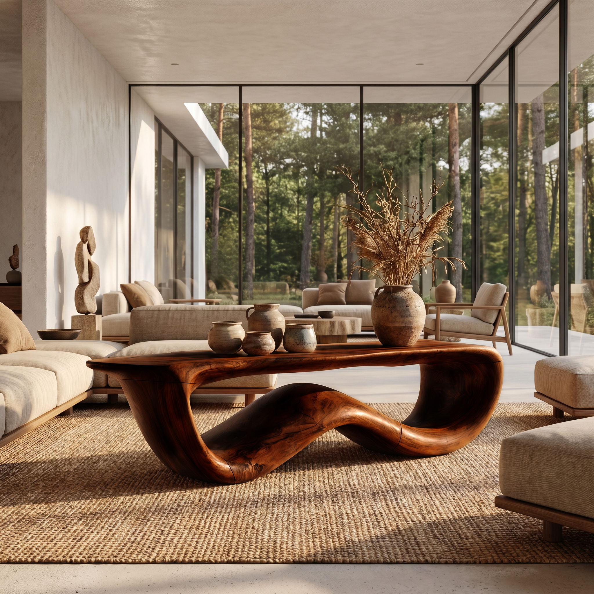 Contemporary Coffee Table With Flowing Solid Wood Silhouette For Living Room