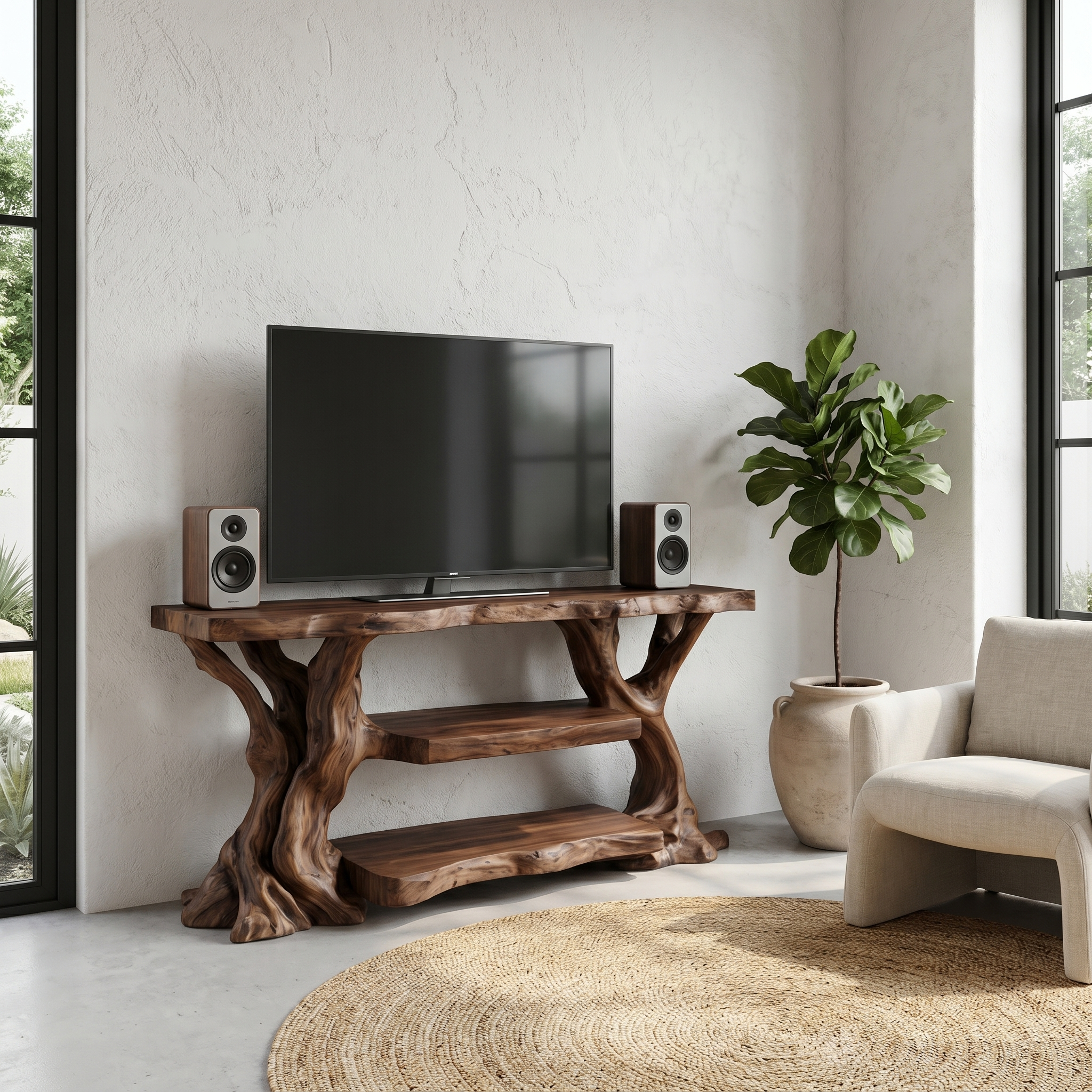 Rustic TV Stand With Natural Wood Sculptural Frame For Living Room