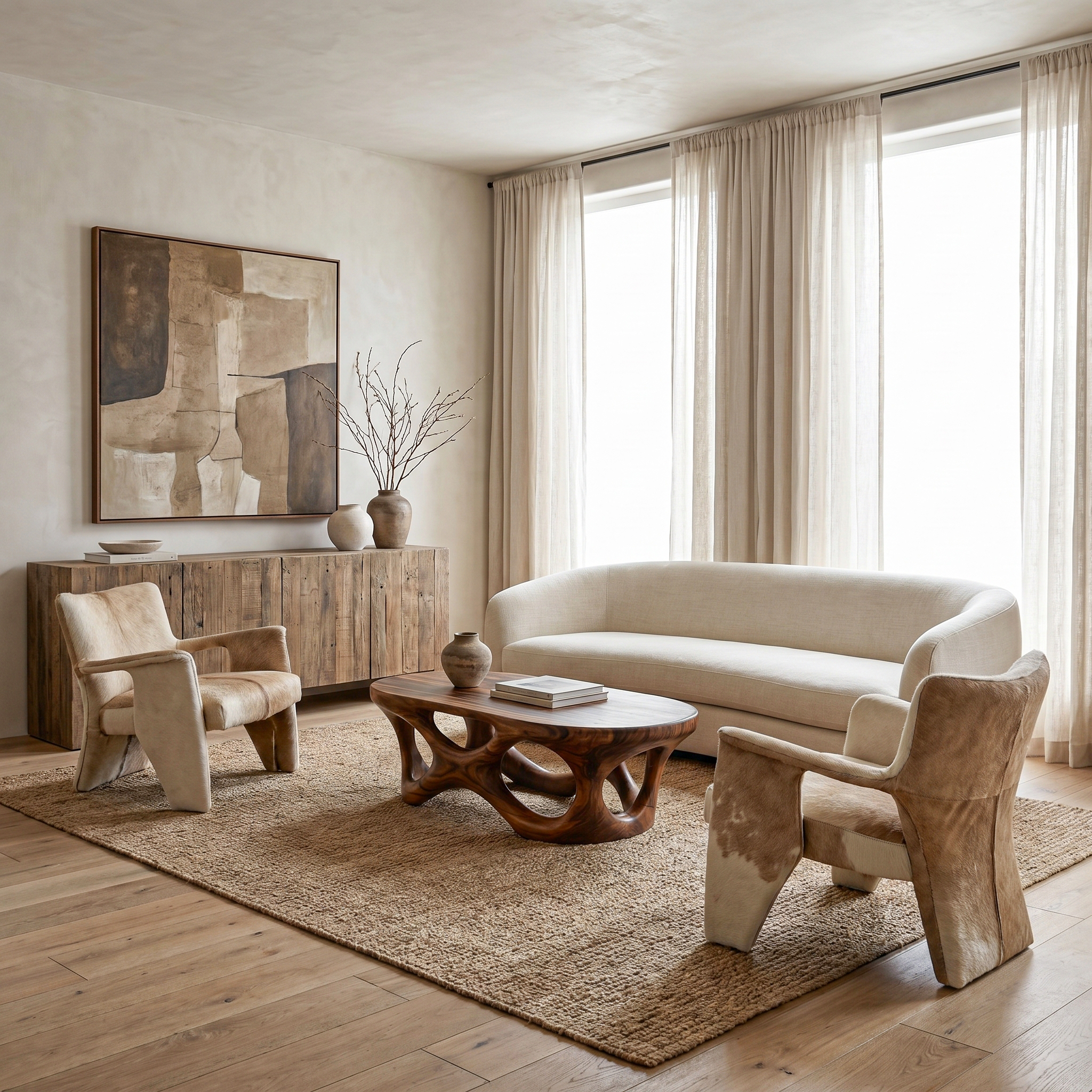 Sculptural Coffee Table With Interlocking Wood Base For Living Room