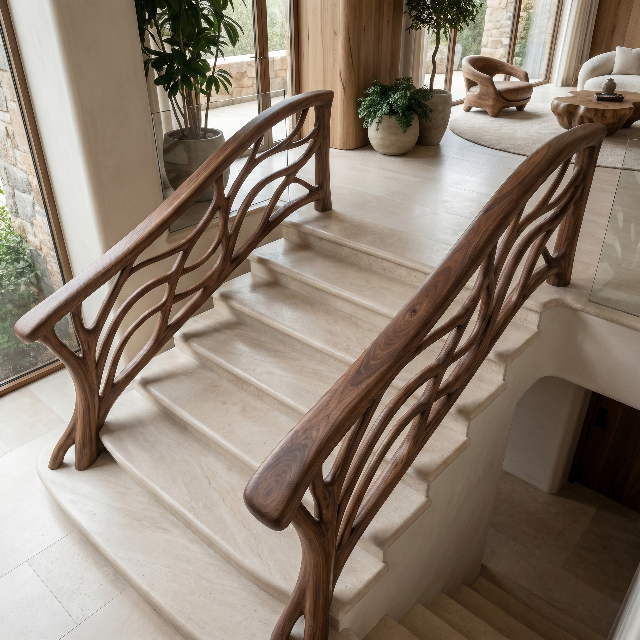 Organic Tree Branch Stair Railing With Natural Wood Design For Interior Staircase