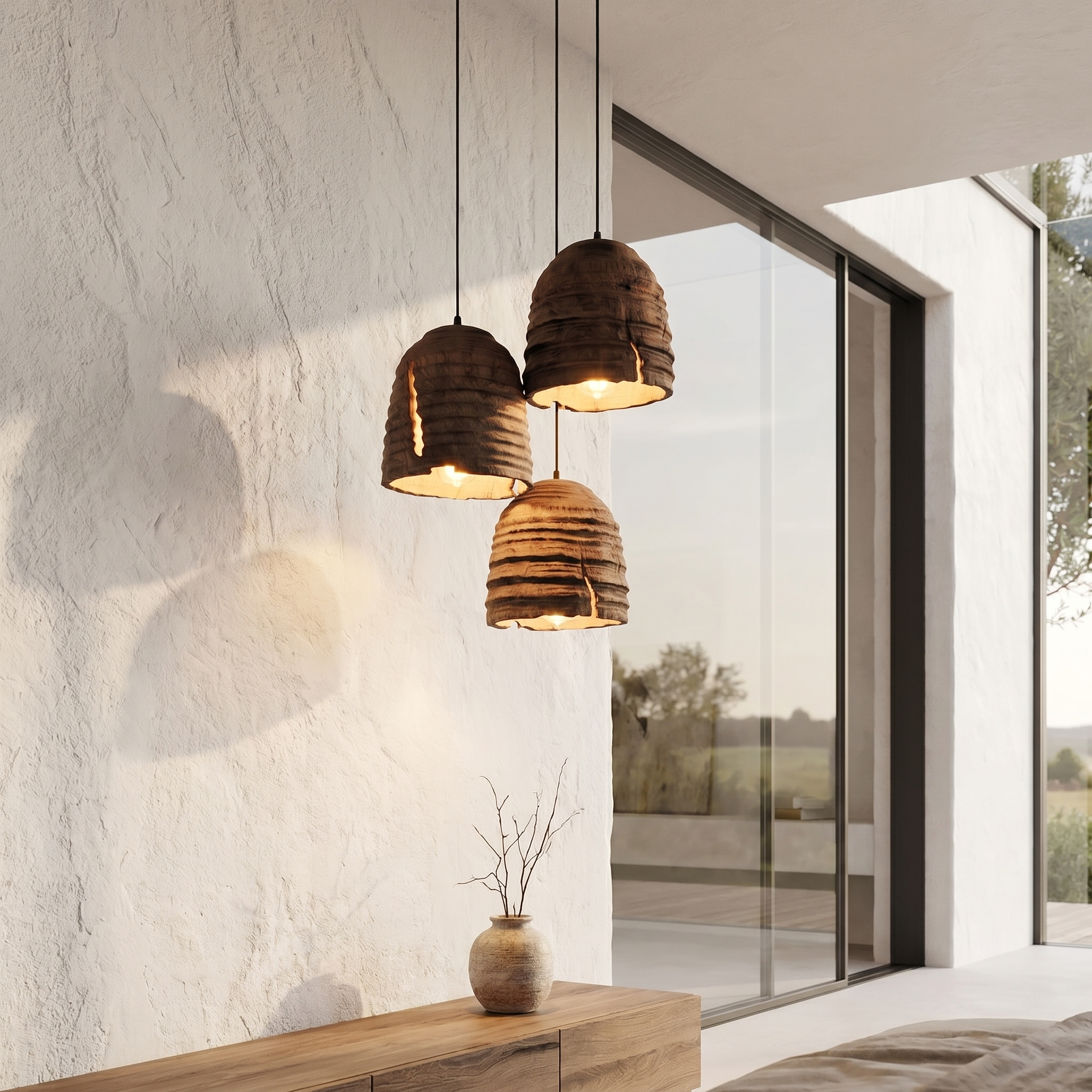 Modern Contemporary Pendant Lamp With Textured Wooden Design For Kitchen Island