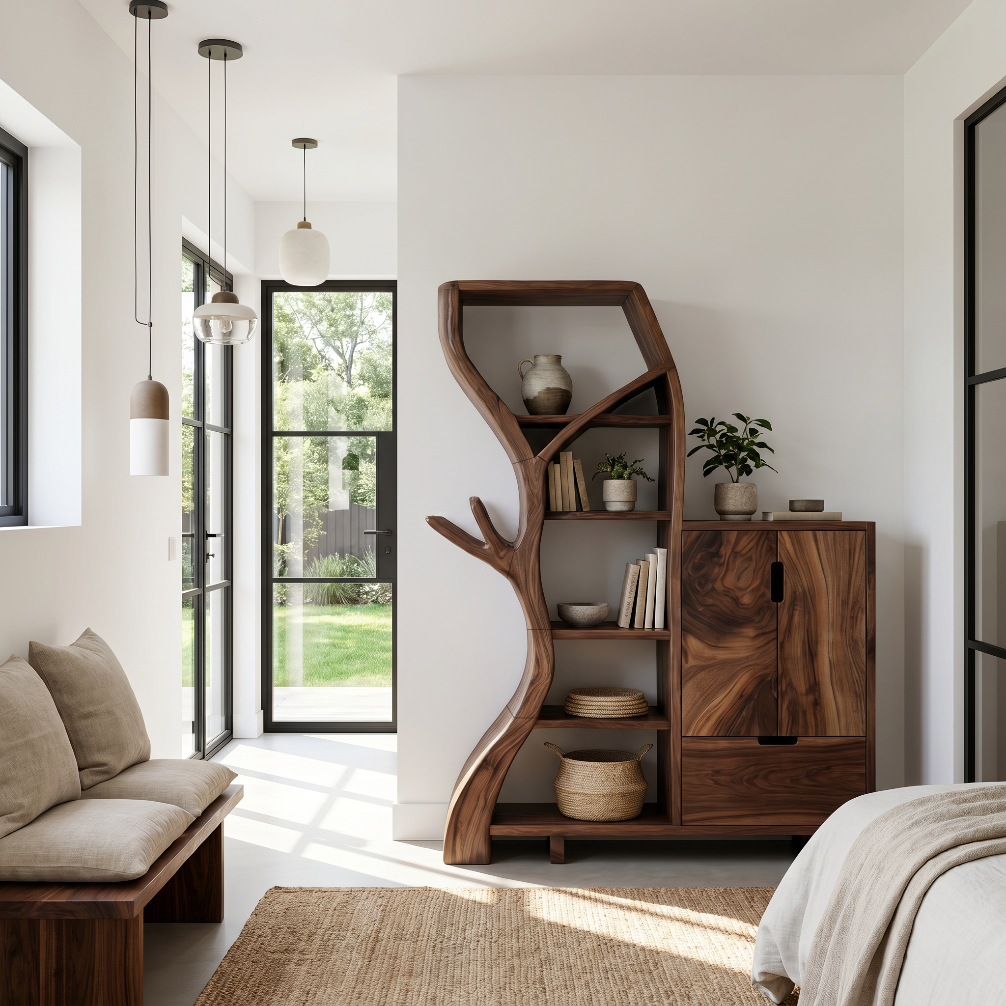 Rustic Storage Cabinet With Tree Bookshelf And Display Shelves For Entryway