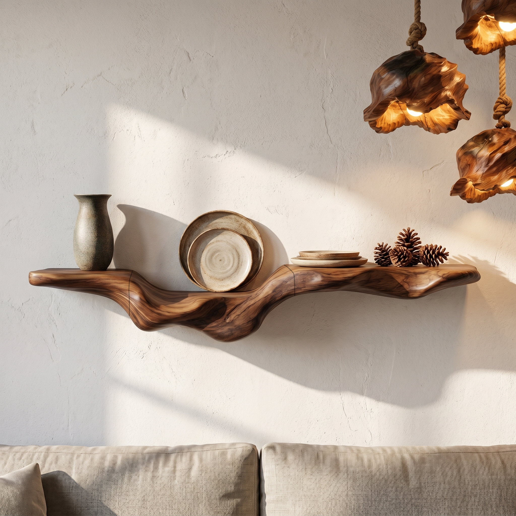 Rustic Floating Shelf With Natural Wood Flowing Form For Living Room