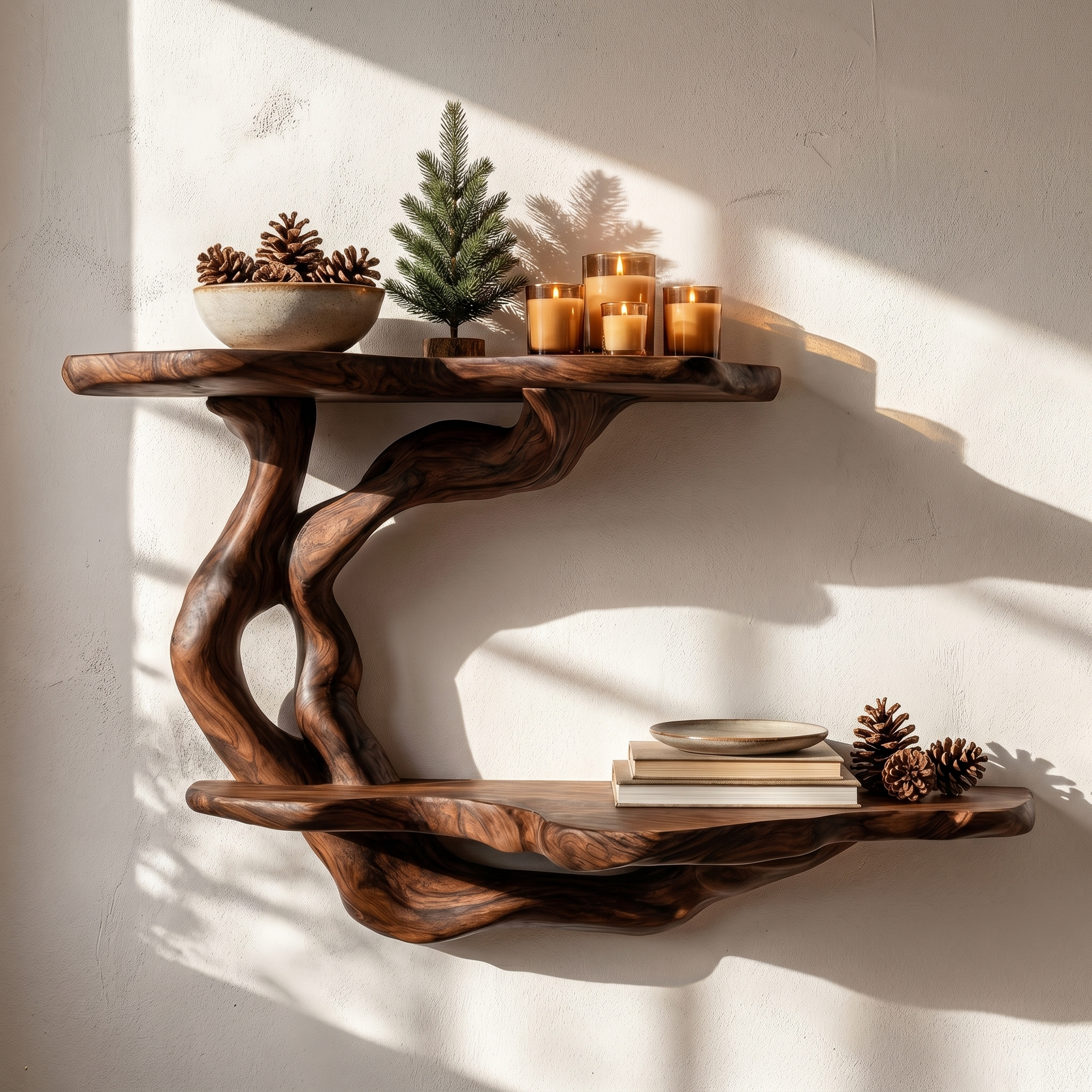 Handcrafted Floating Shelf With Sculptural Tree Form For Living Room Decor