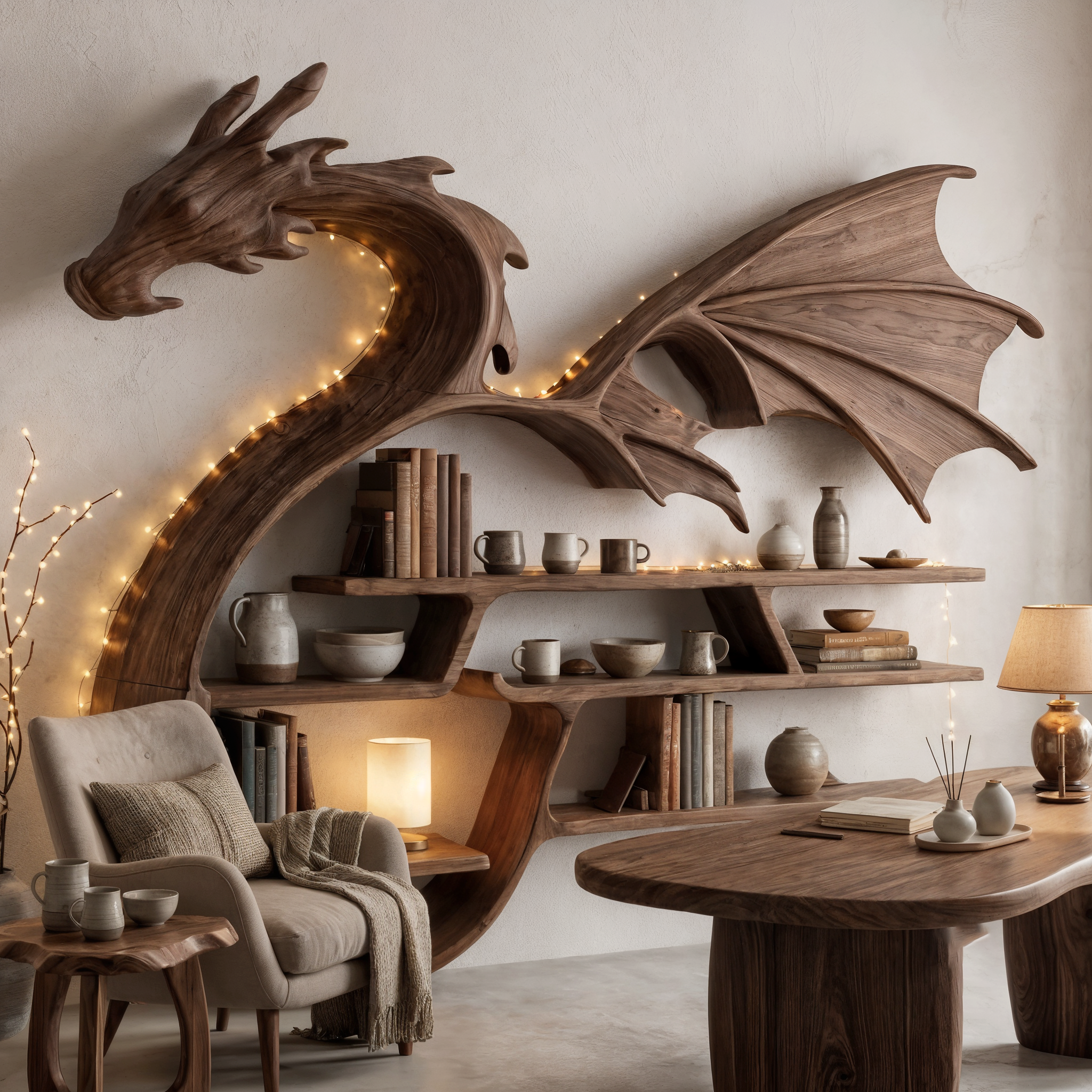 Medieval Dragon Wall Shelf With Sculptural Wooden Display Storage For Living Room