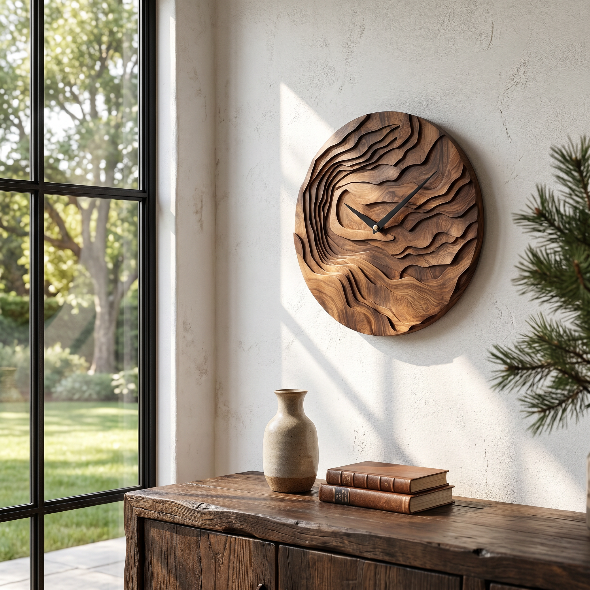 Rustic Wood Wall Clock With Hand Carved Organic Pattern For Living Room