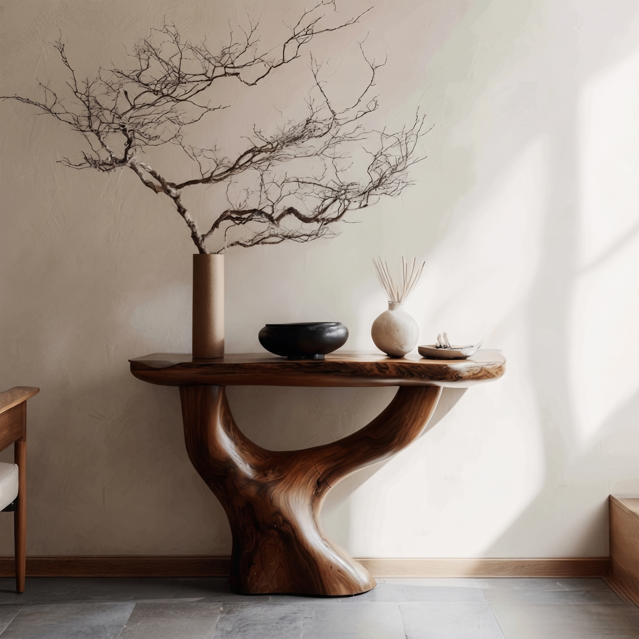 Rustic Console Table With Sculptural Tree Root Base For Entryway