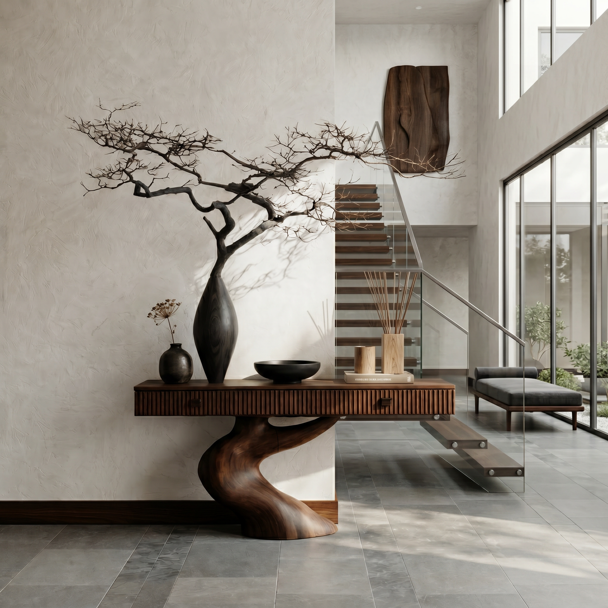 Rustic Console Table With Integrated Drawers And Artistic Tree Root Pedestal For Living Room