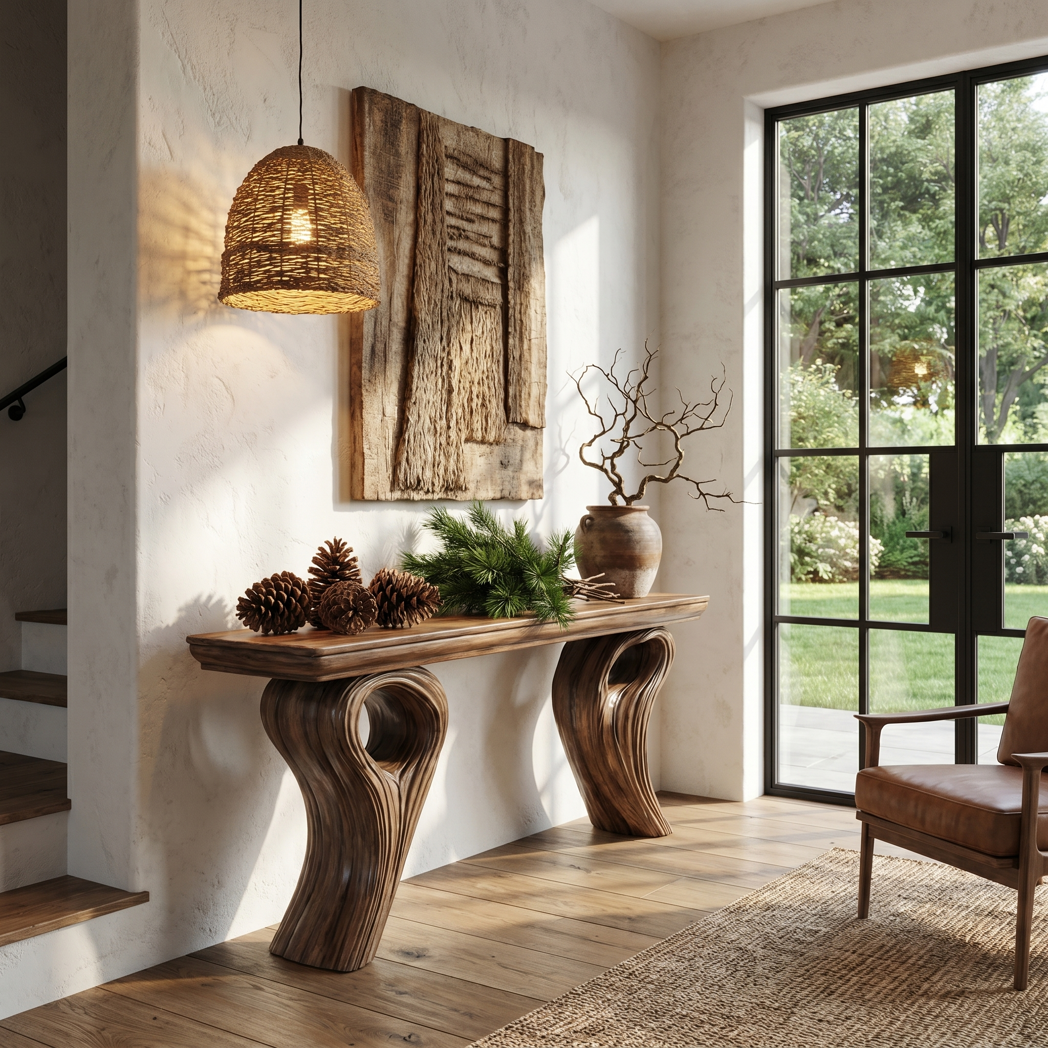 Rustic Organic Storage Console Table With Tree Inspired Base For Hallway And Living Room