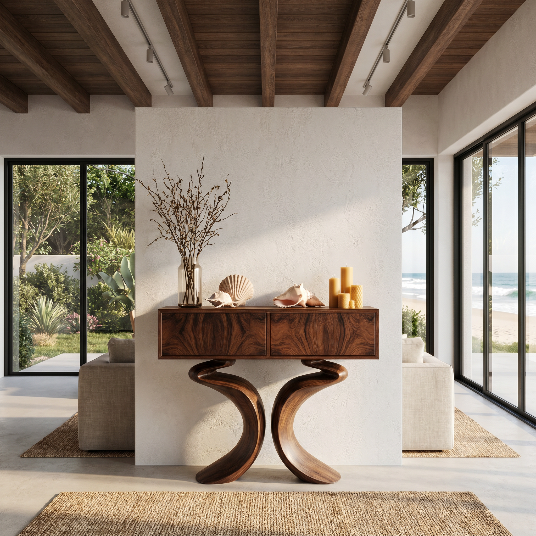 Organic Console Table With Hidden Storage Cabinet For Living Room And Entryway