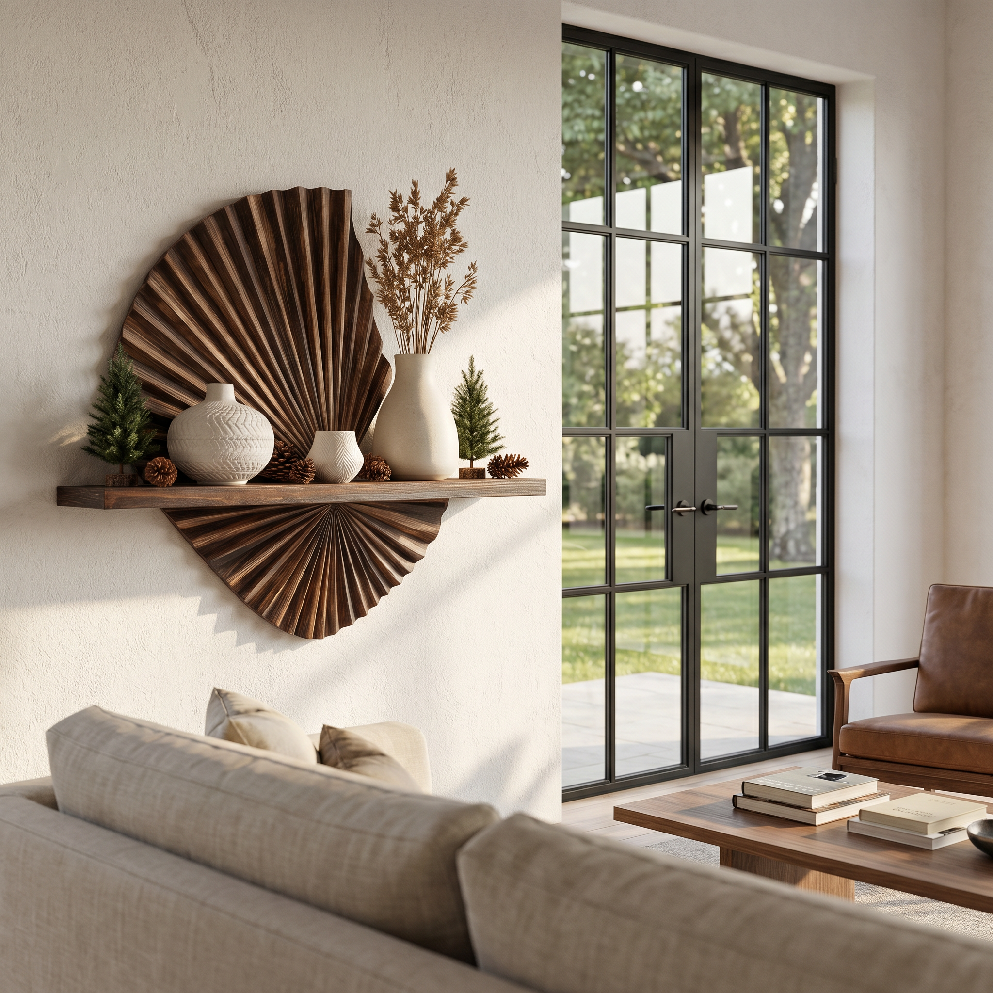 Modern Floating Shelf With Sunburst Wood Wall Sculpture For Living Room