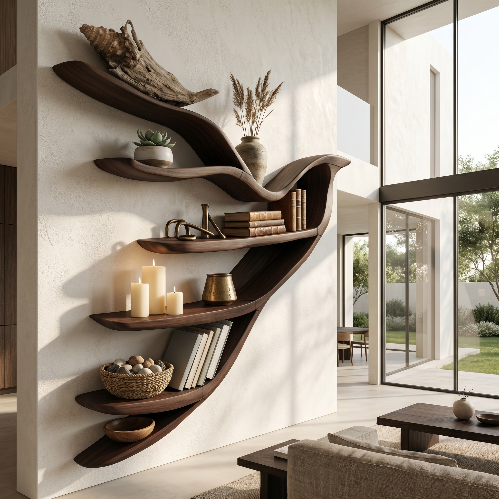 Sculptural Bookcase With Organic Open Shelving For Living Room Decor