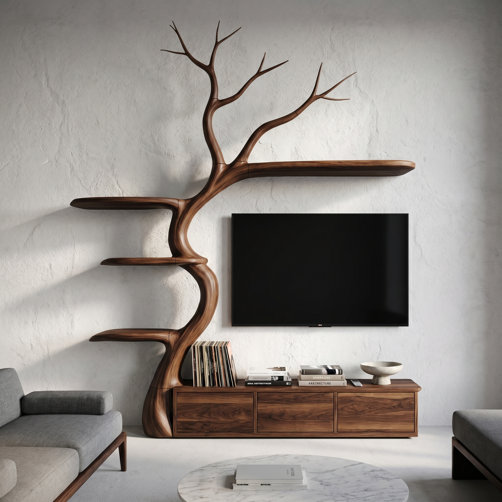 Rustic Tree Branch TV Cabinet With Integrated Display Shelves For Living Room