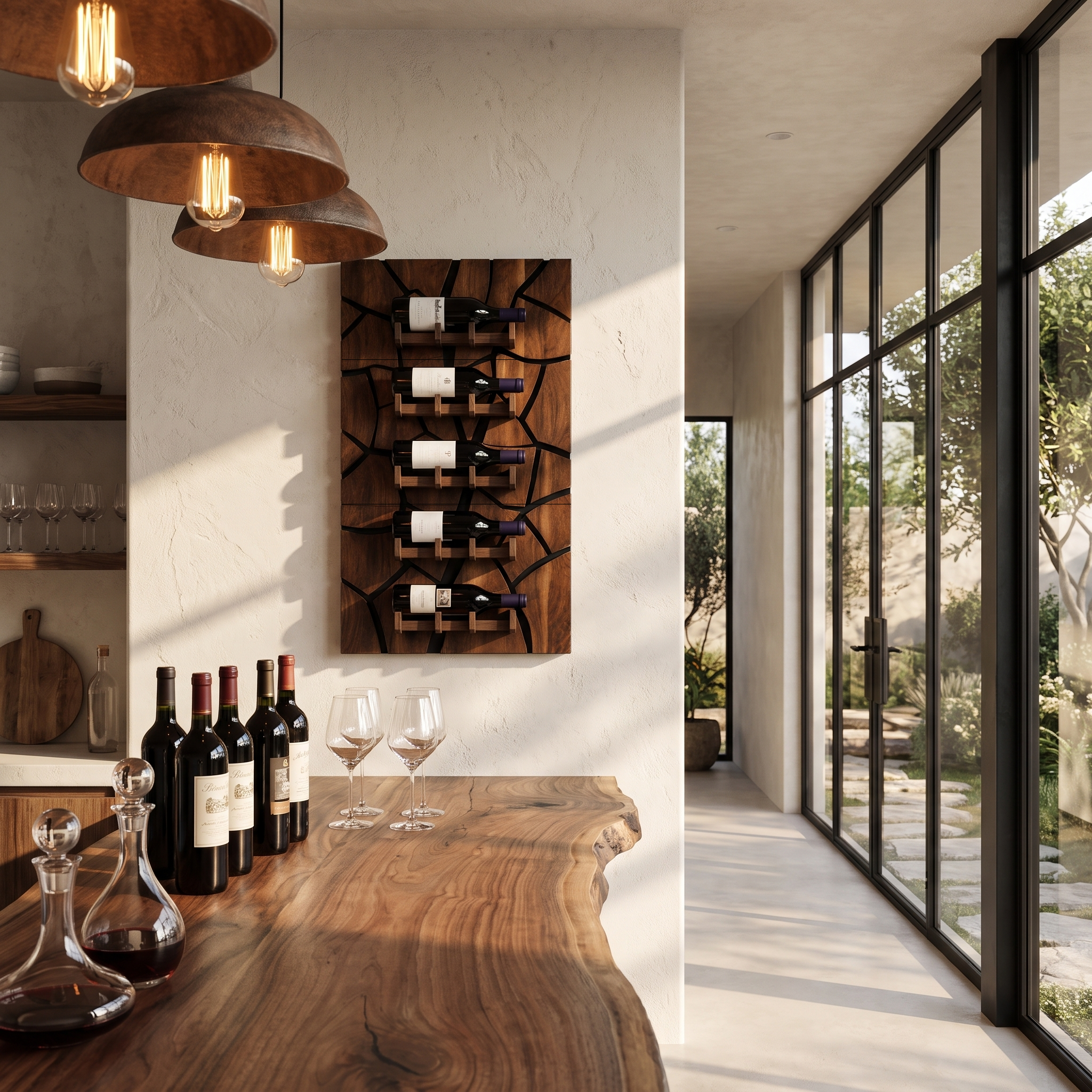 Rustic Wall Mounted Wine Holder With Geometric Bottle Display For Dining Room
