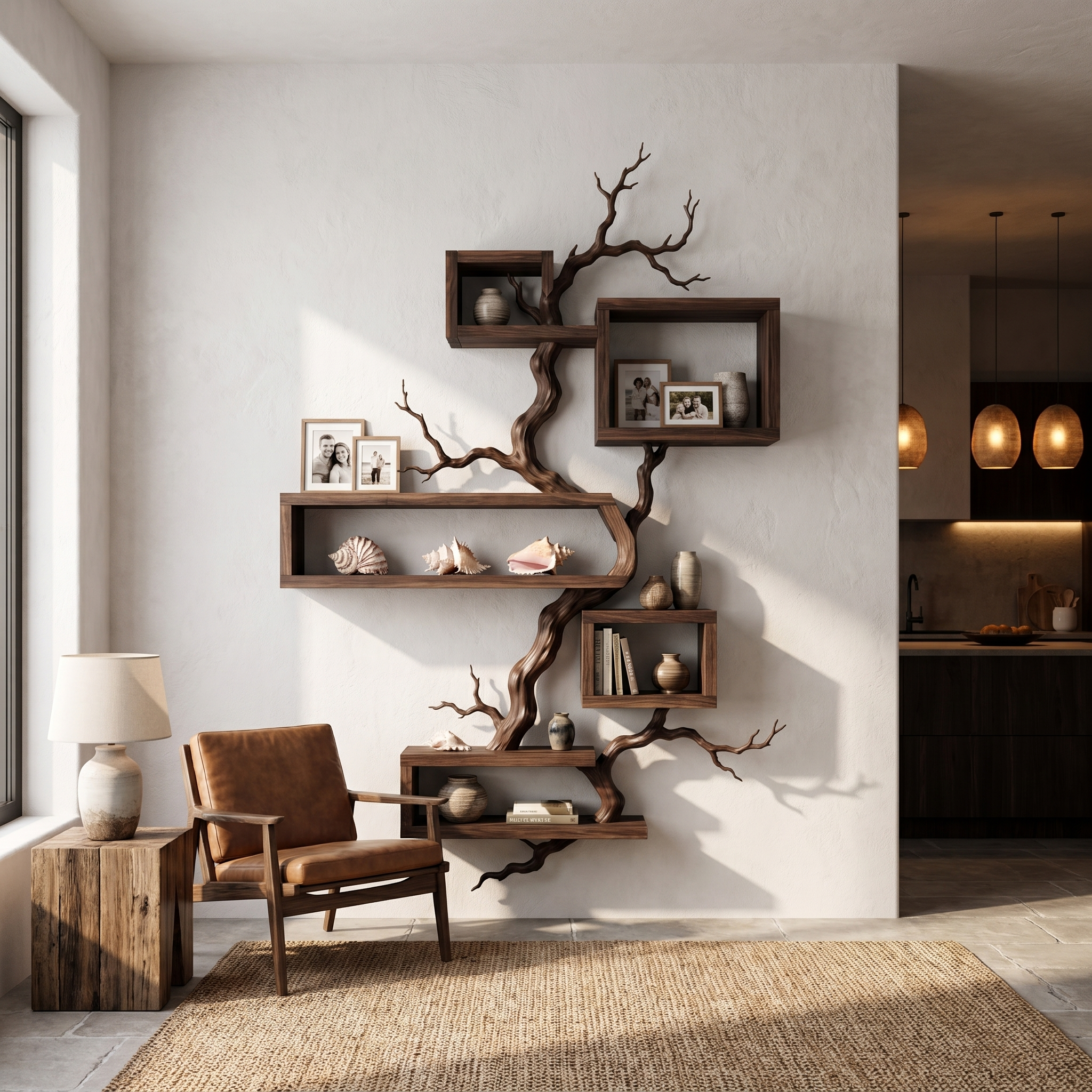 Organic Sculptural Floating Shelf With Tree Branch Design For Living Room
