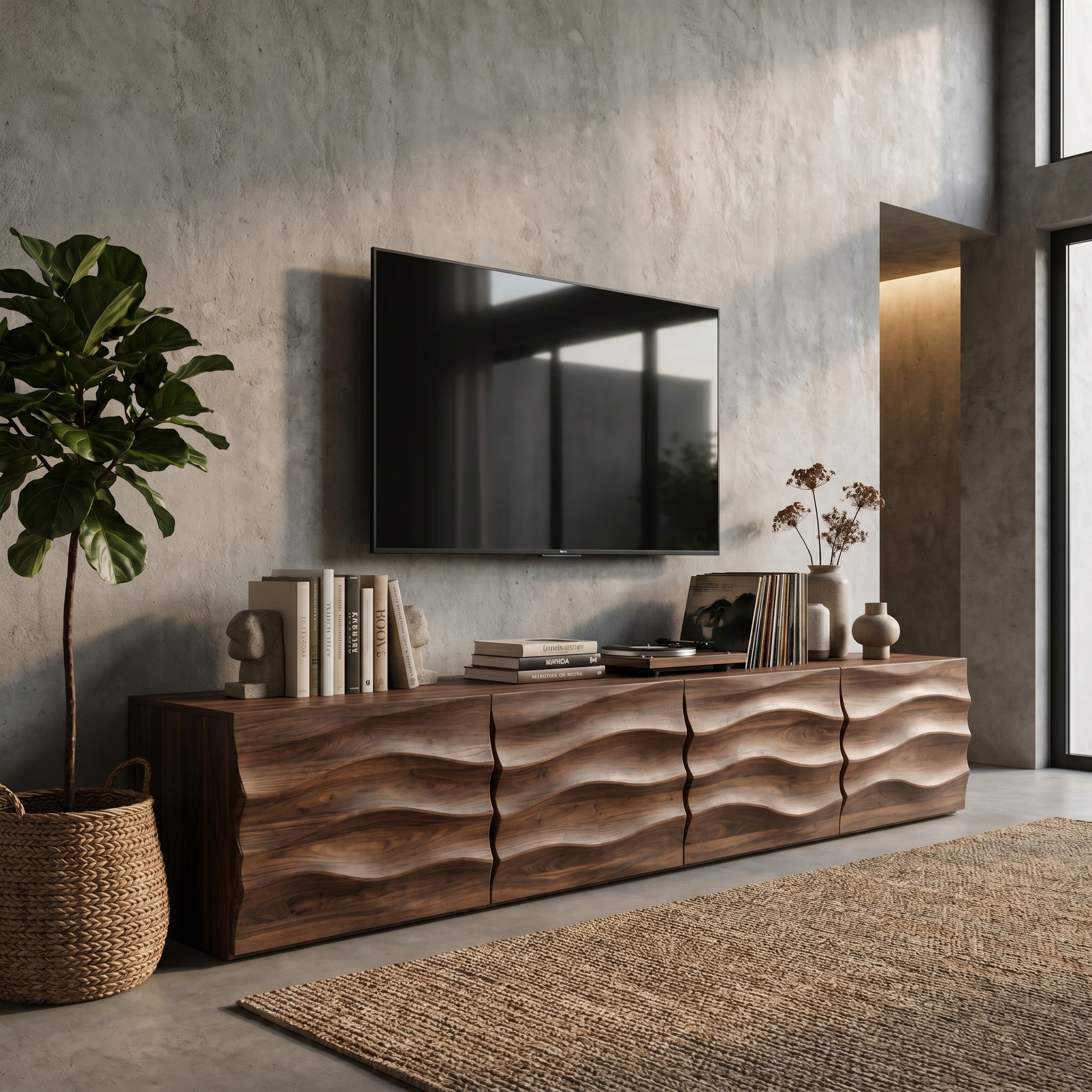 Organic TV Cabinet With Wave Front Doors And Built In Storage For Living Room
