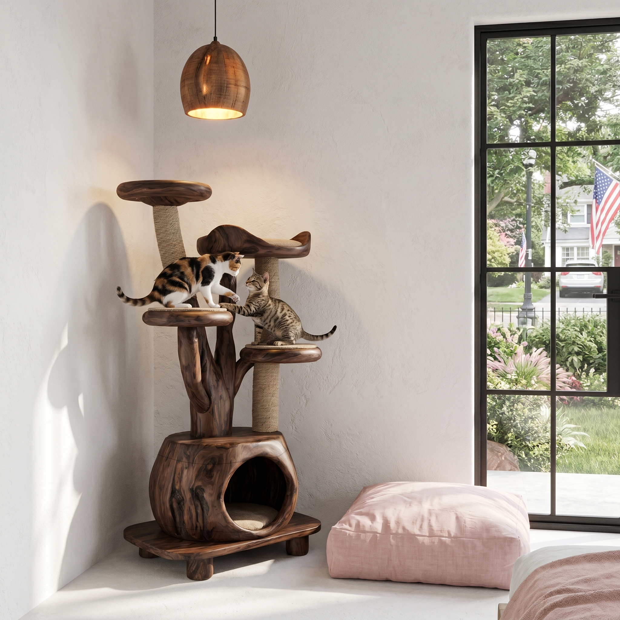 Rustic Tree Cat Tower With Cozy Pet Bed For Living Room