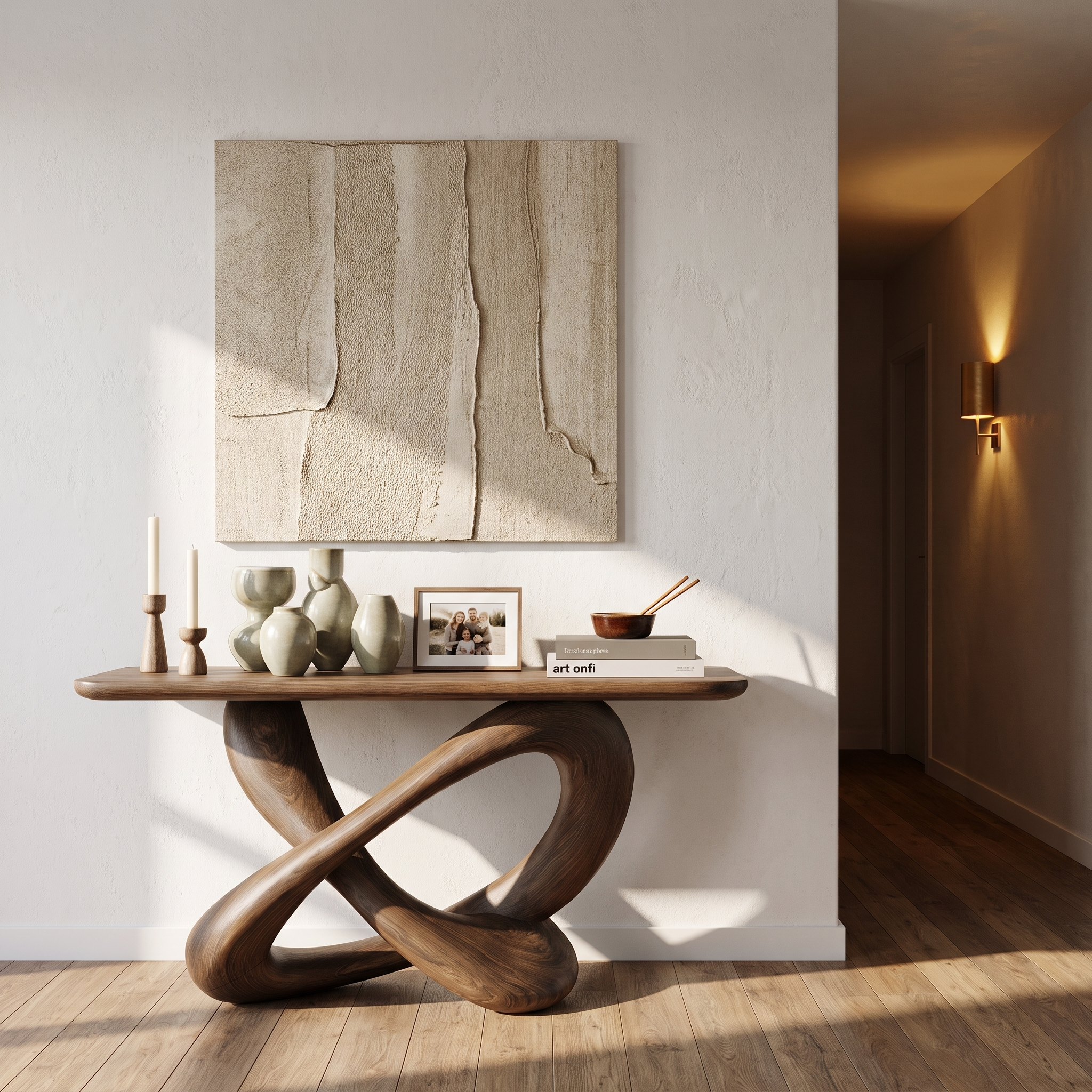 Modern Console Table With Twisted Ribbon Wood Base For Entryway