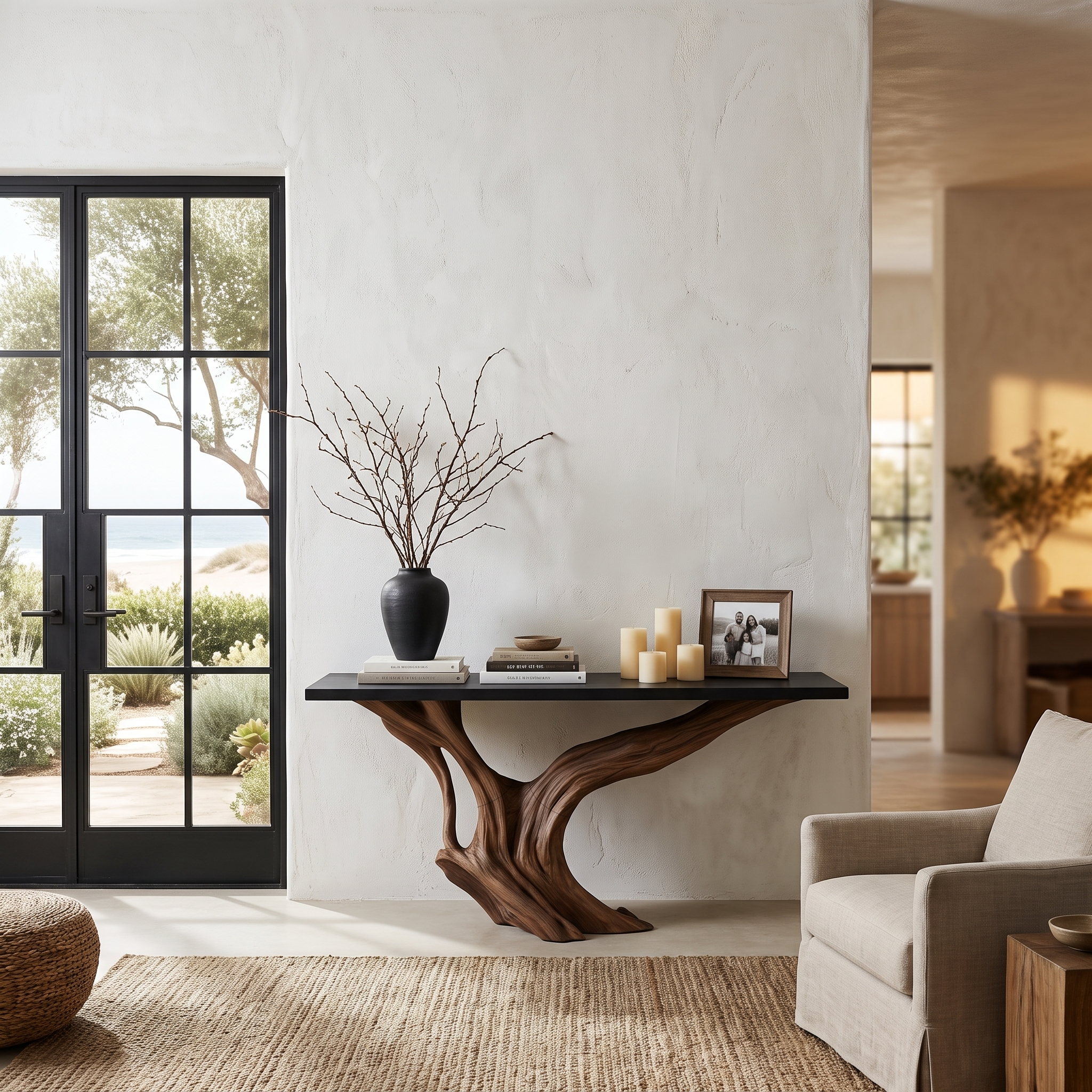 Organic Wall Mounted Console Table With Sculptural Wood Base For Hallway
