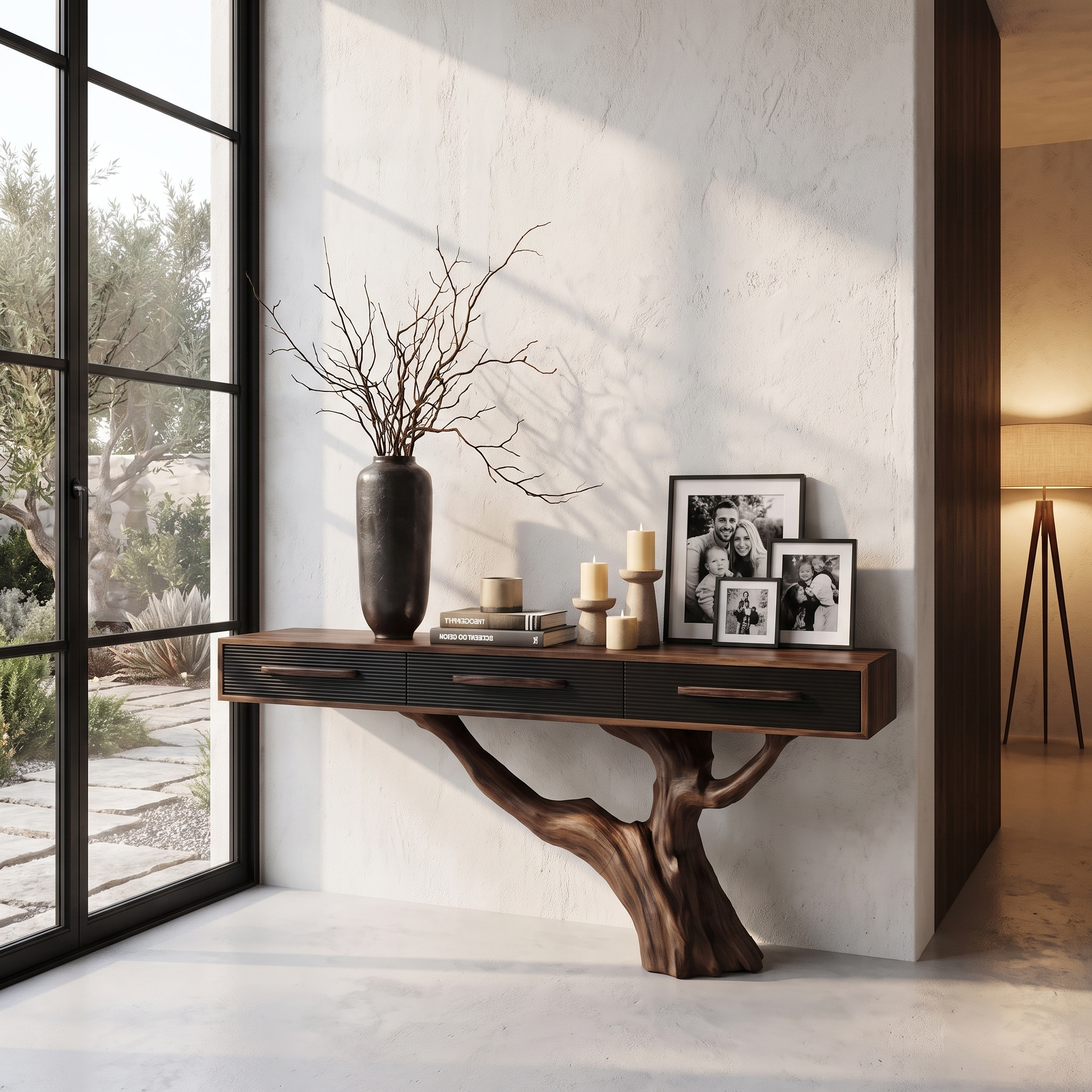 Statement Console Table With Nature Inspired Tree Base For Living Room