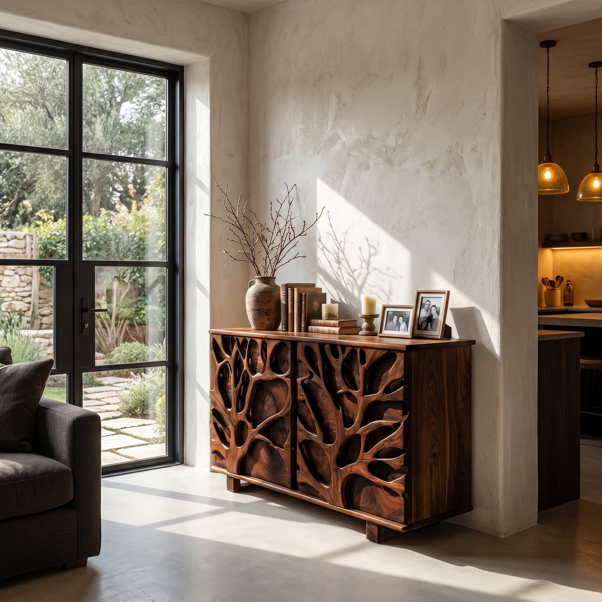 Nature Inspired Storage Cabinet With Hand Carved Wood Design For Entryway