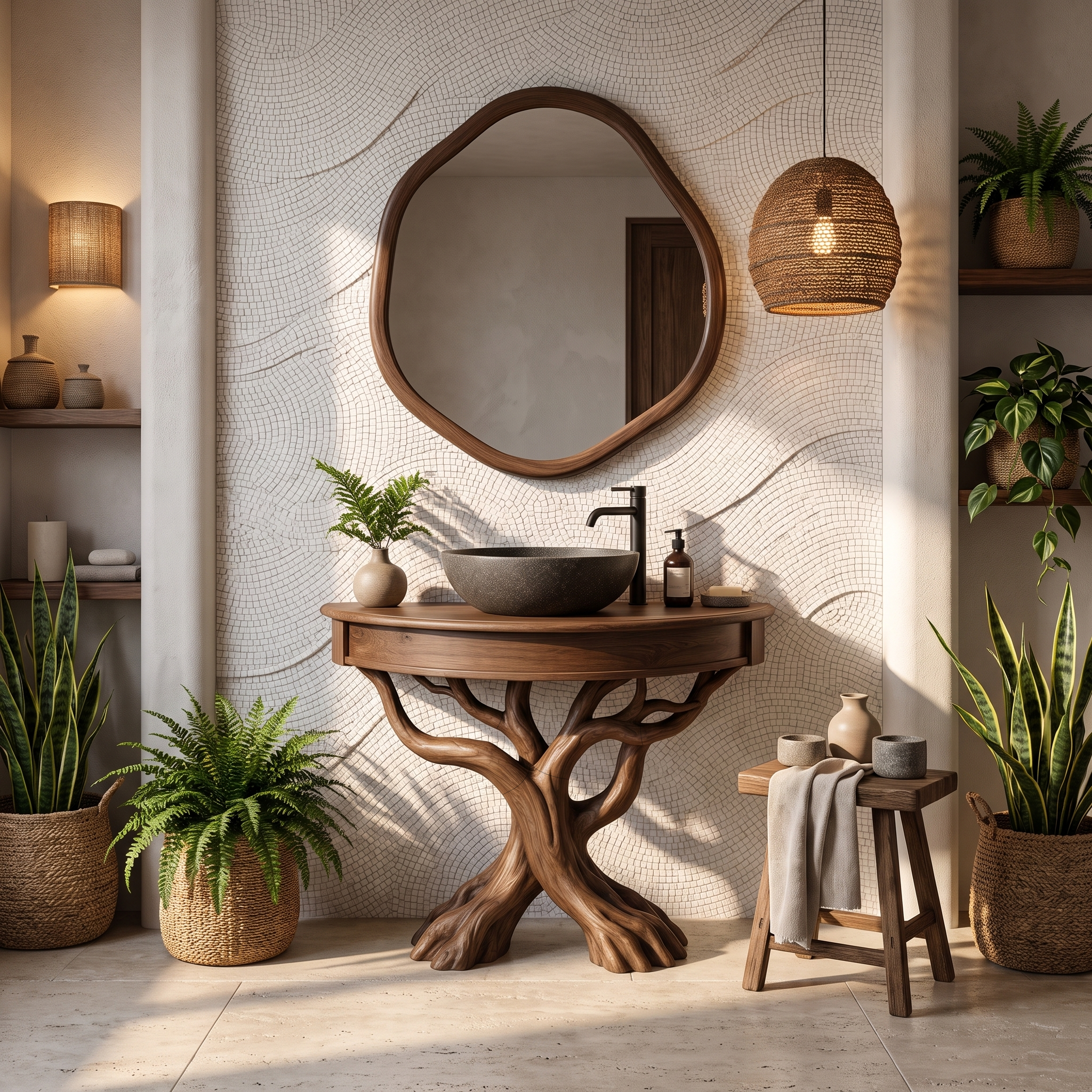 Tree Bathroom Vanity With Floating Countertop And Display Shelves For Bathroom