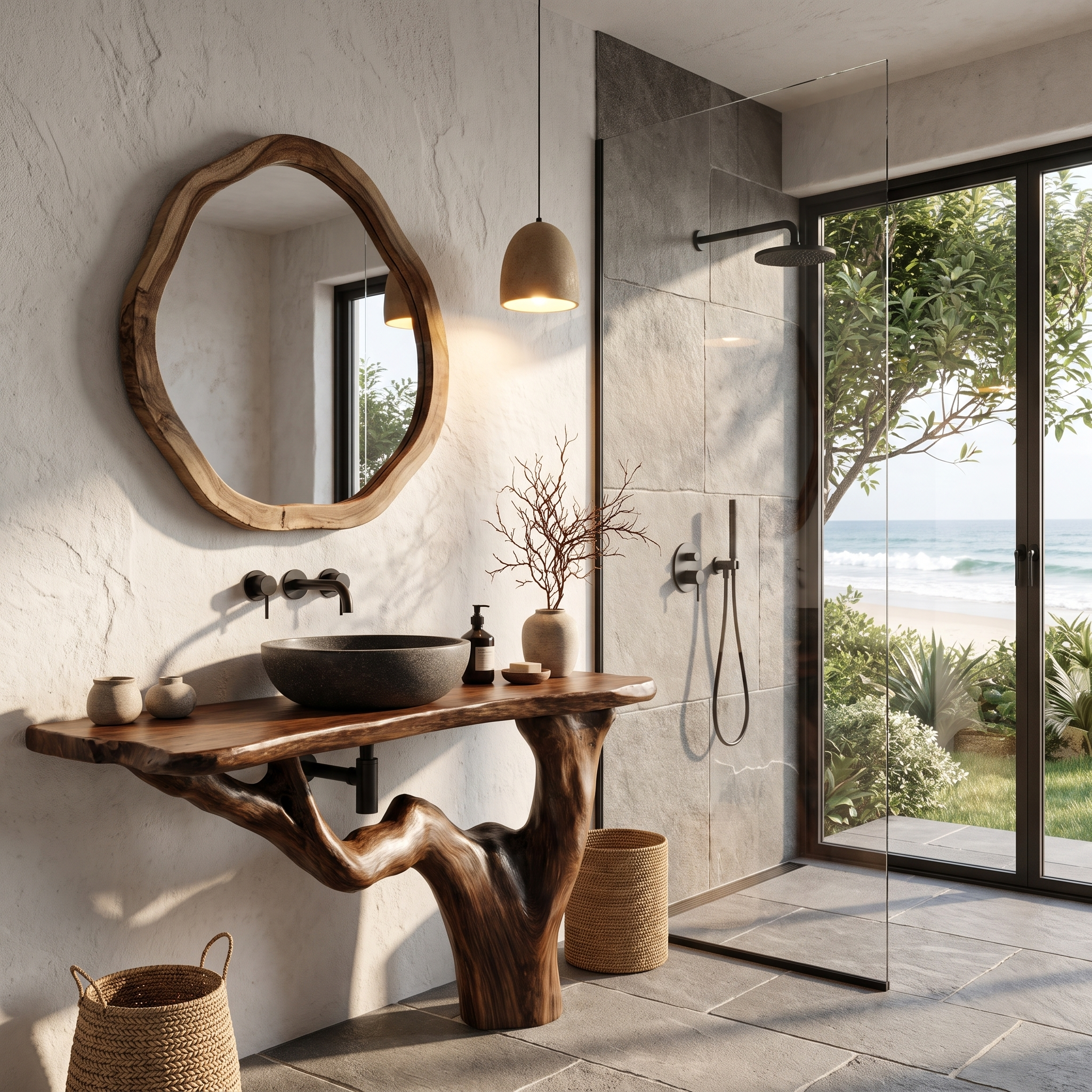 Handcrafted Bathroom Vanity With Tree Trunk Design For Powder Room