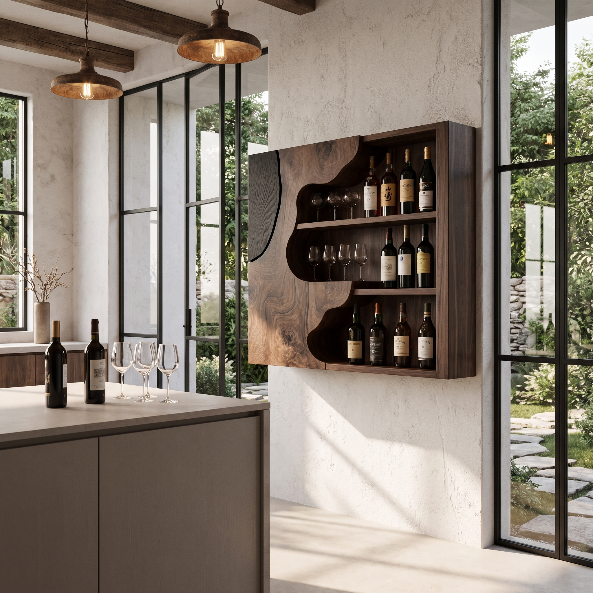 Organic Live Edge Wine Holder Wall Mounted Storage Cabinet For Home Bar
