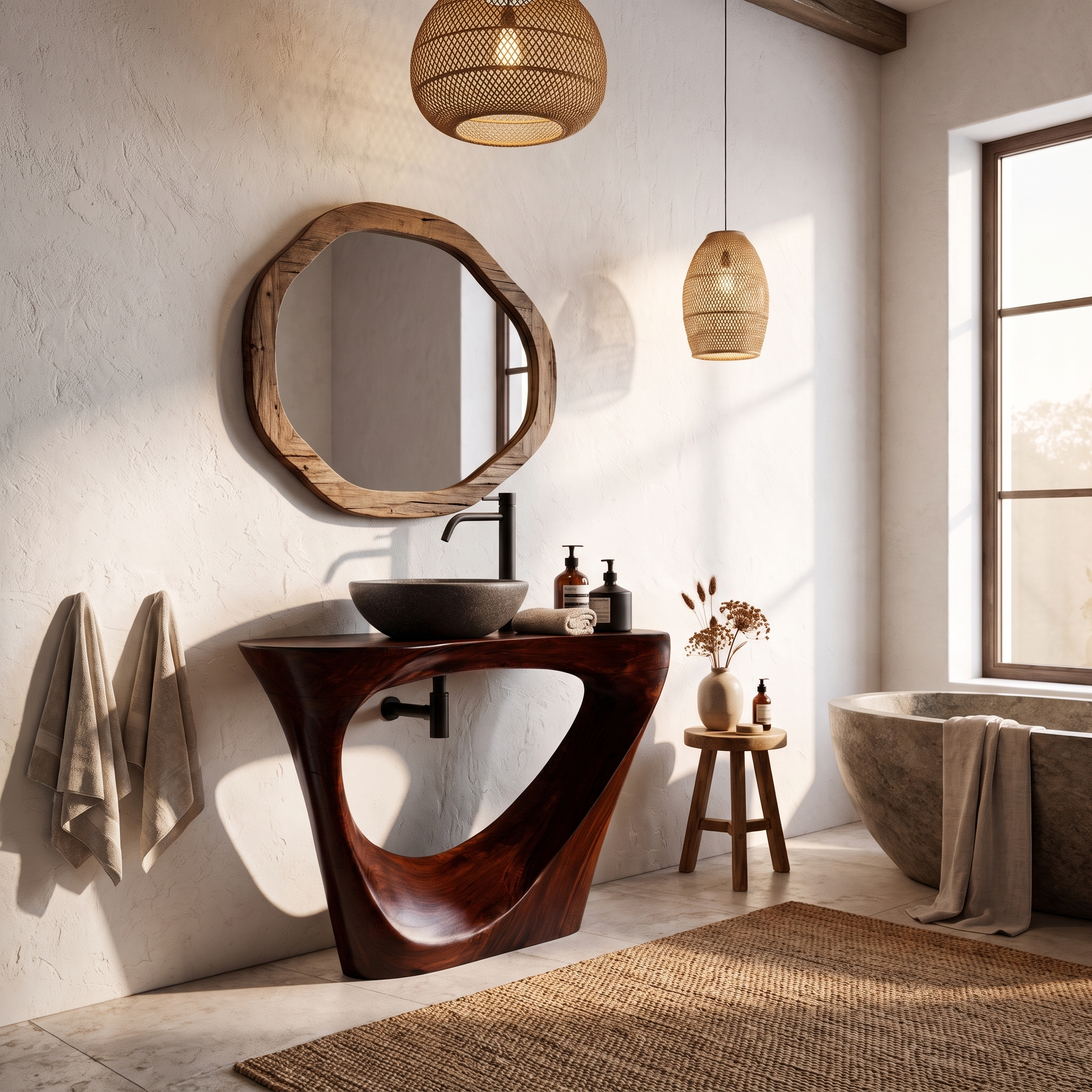 Live Edge Floating Bathroom Vanity With Sculptural Tree Support For Bathroom