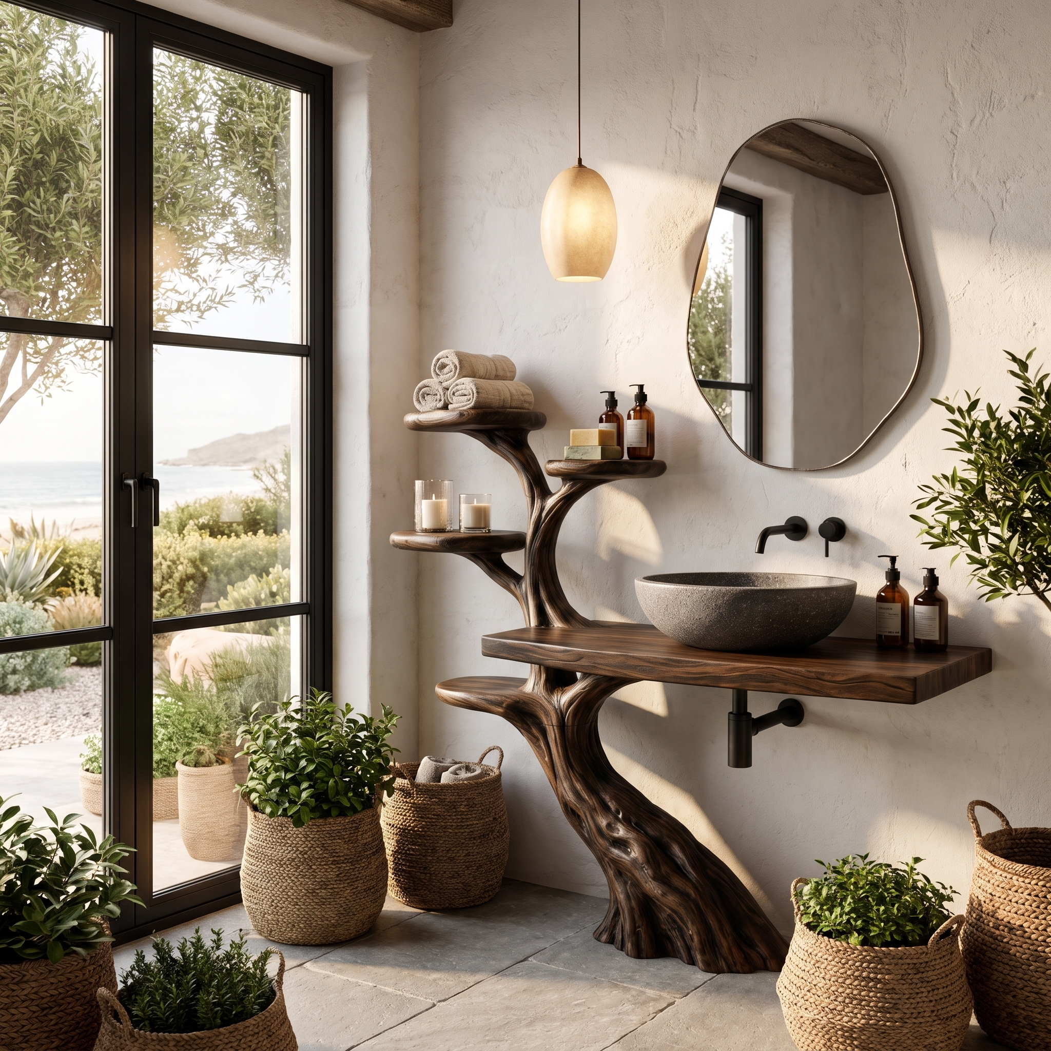 Rustic Bathroom Vanity With Sculptural Wood Structure For Bathroom