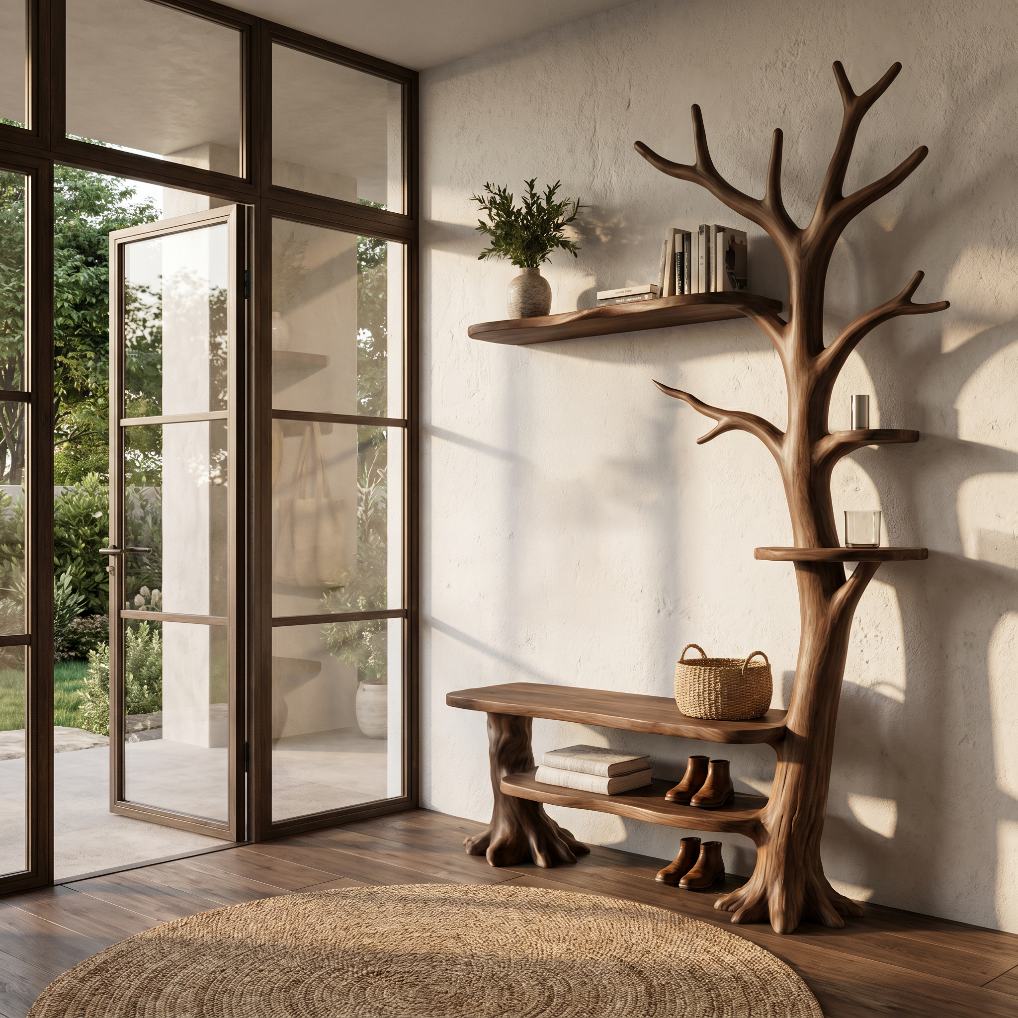 Rustic Tree Coat Rack With Integrated Bench And Floating Display Shelves For Entryway.
