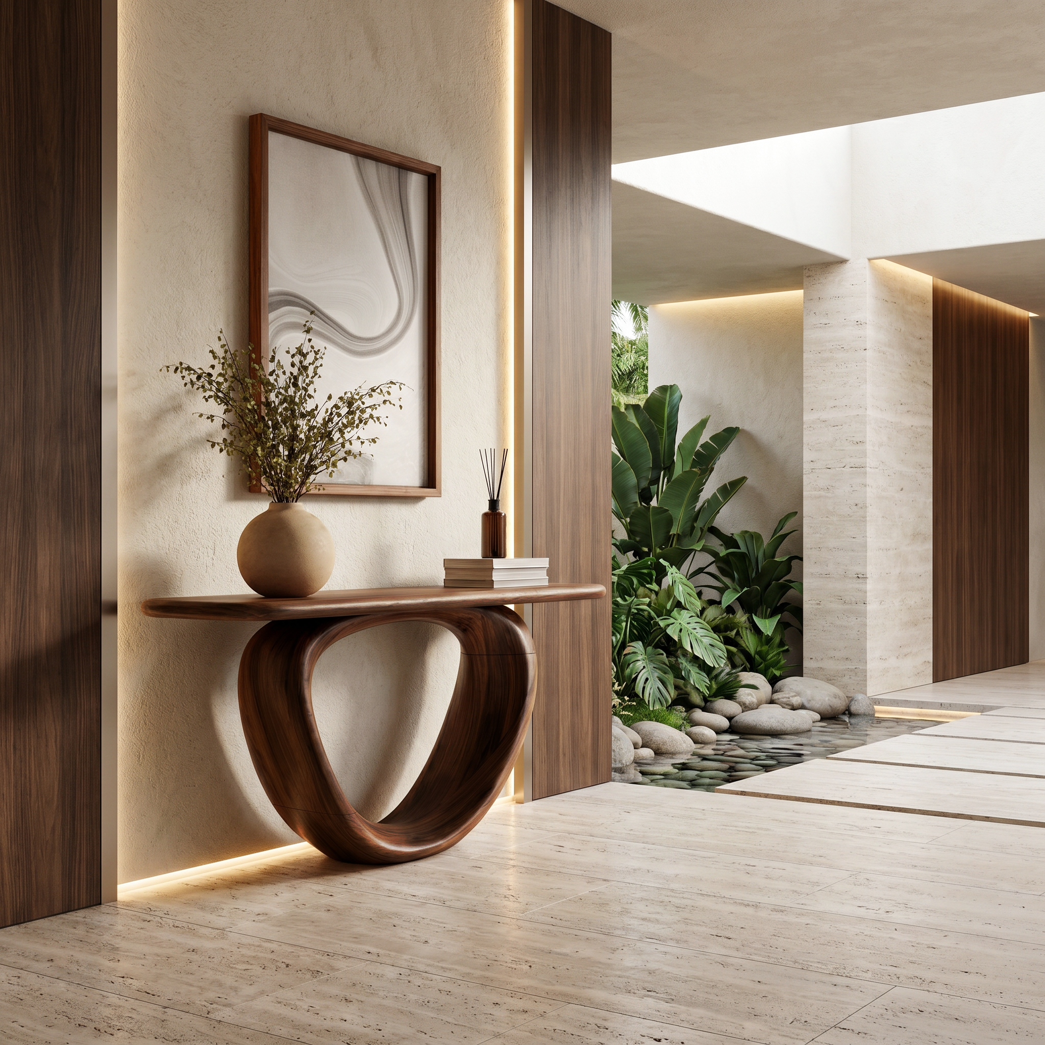 Sculptural Console Table With Loop Shaped Wooden Base Live Edge Console Table With Unique Sculptural Base Design
