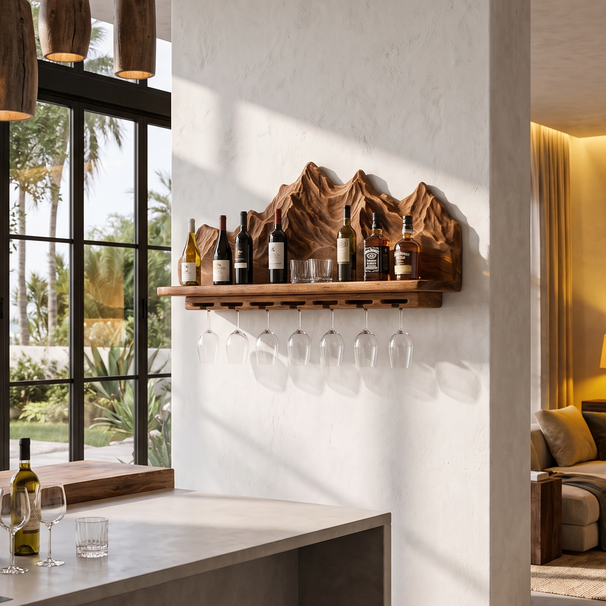 Nature Inspired Wall Wine Holder With Mountain Shelf For Home Bar