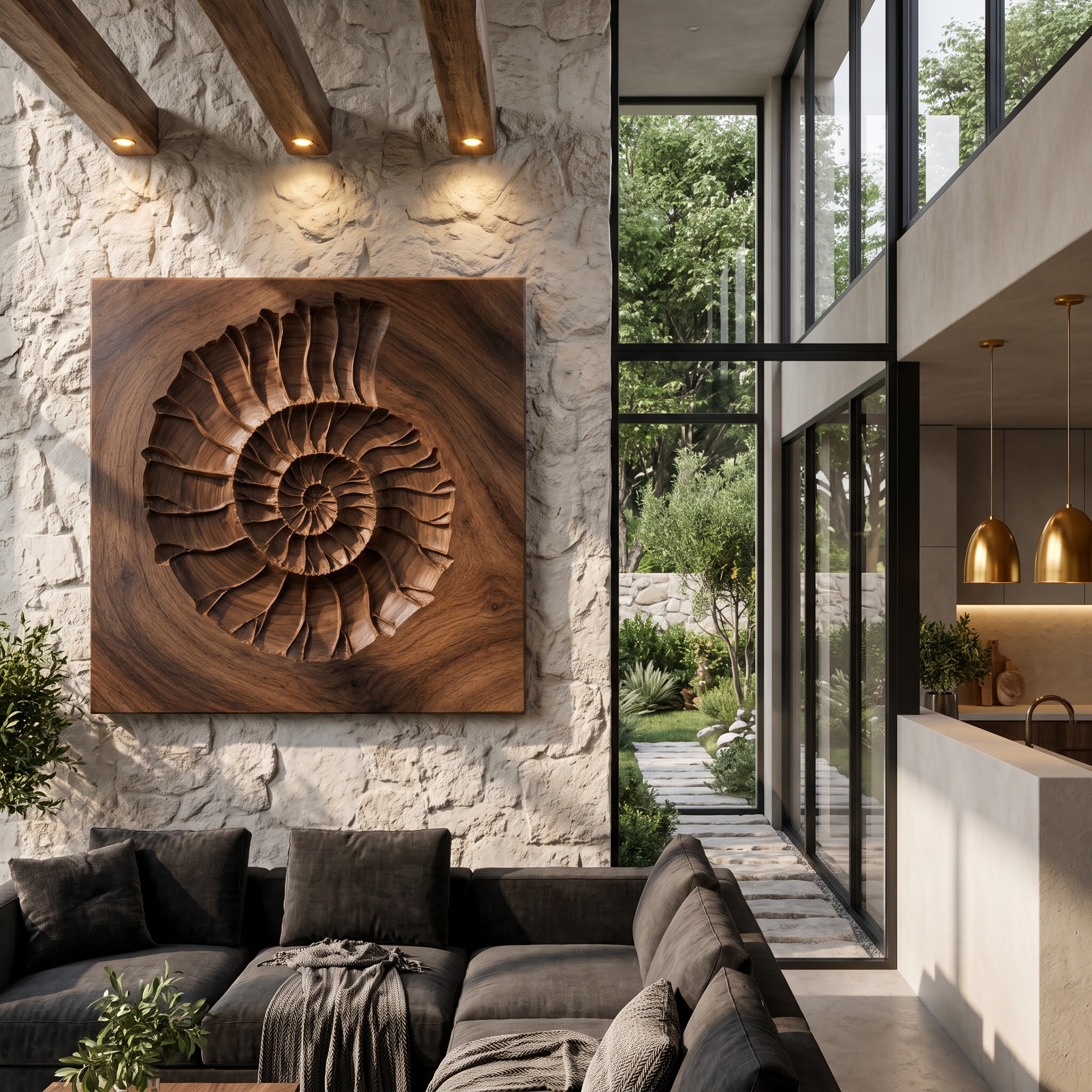 Rustic Ammonite Fossil Wooden Wall Decor For Living Room