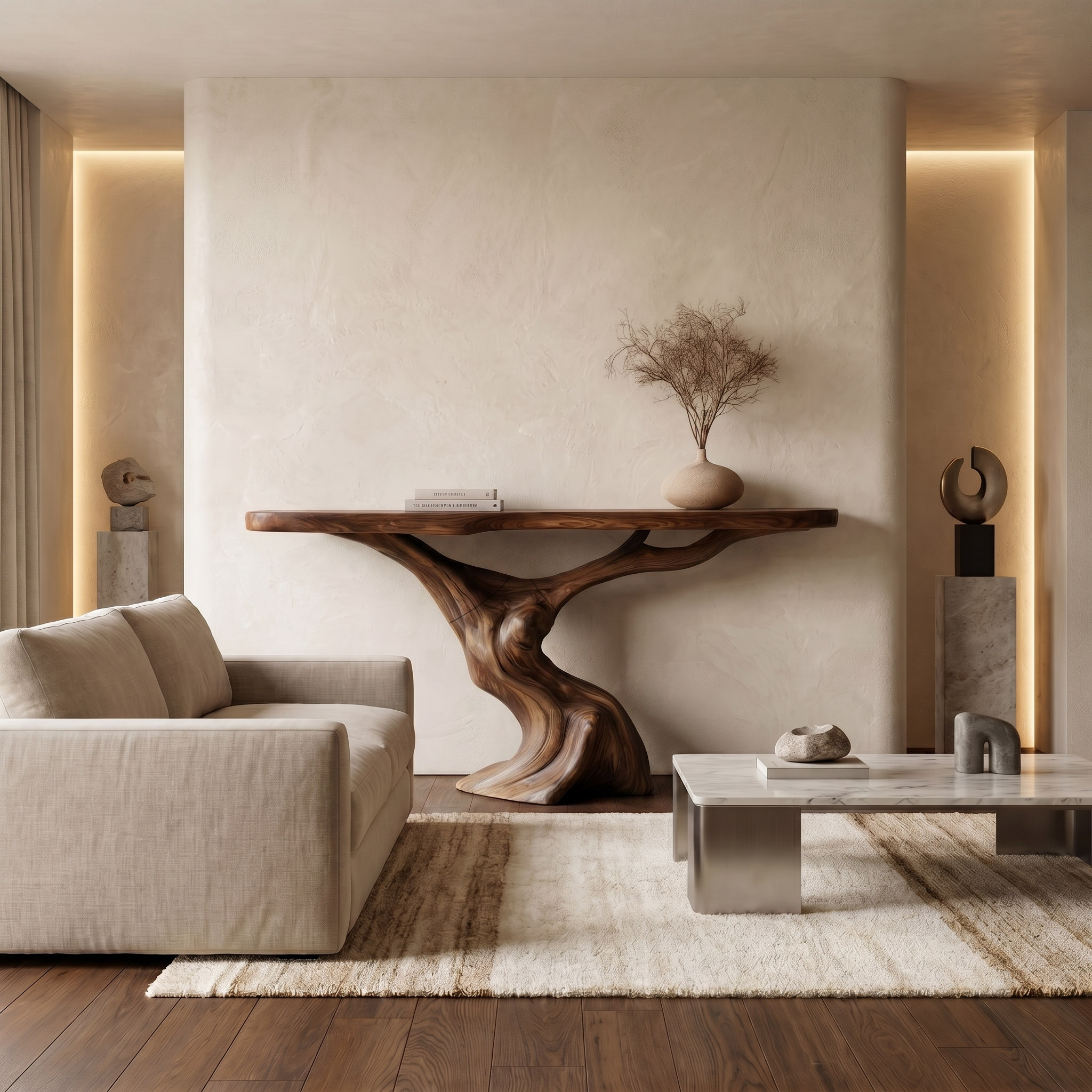 Rustic Organic Console Table With Unique Sculptural Tree Inspired Wood Base For Entryway And Living Room