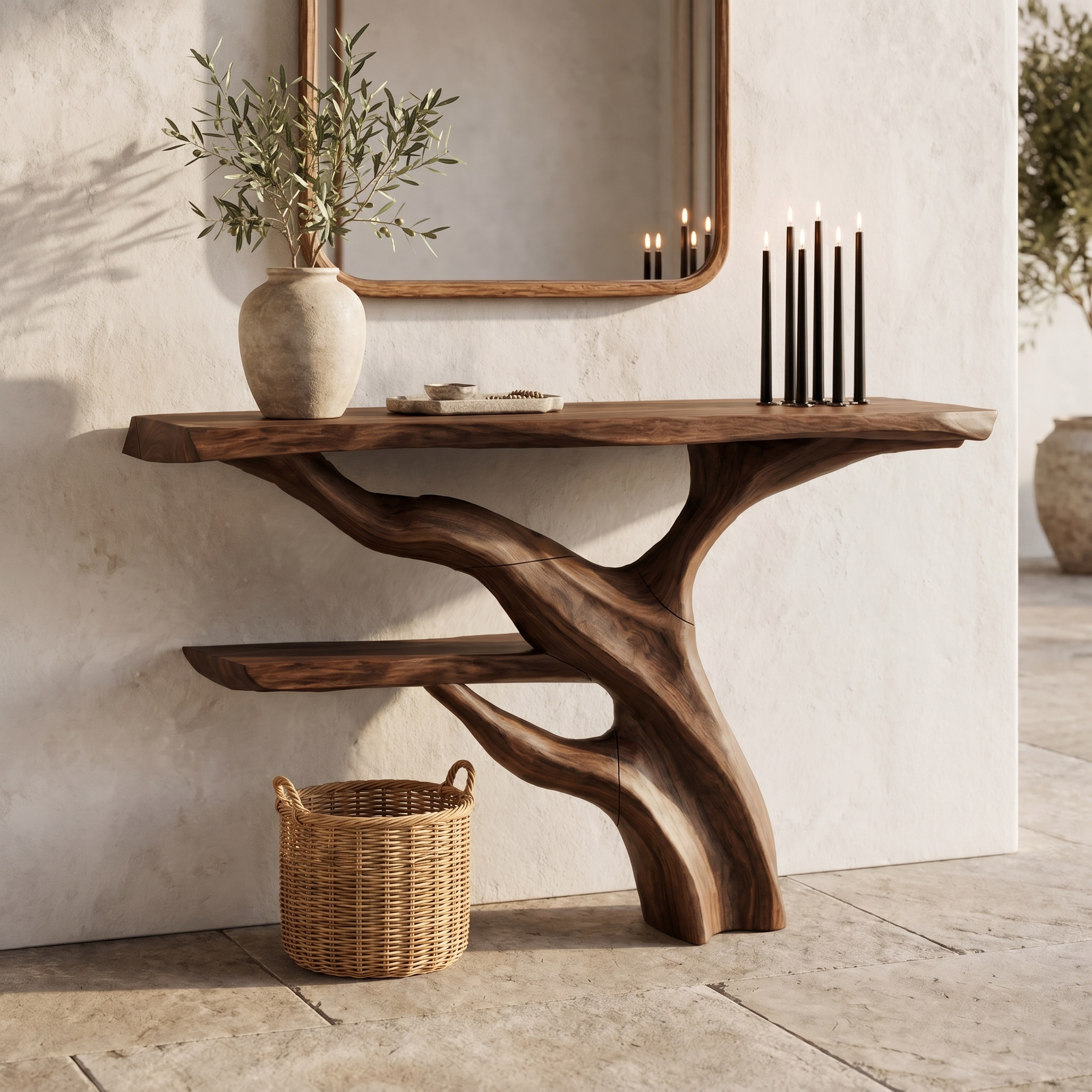 Sculptural Console Table With Abstract Branch Inspired Base And Solid Wood Top For Entryway