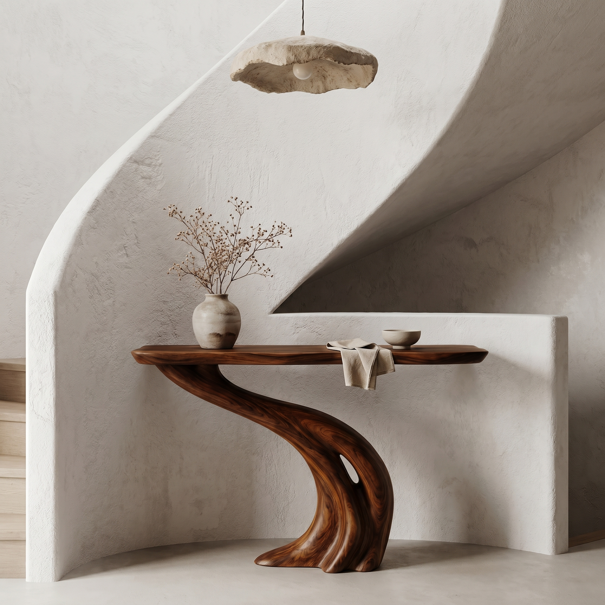 Organic Curved Console Table With Soft Flowing Wood Base For Entryway And Living Room