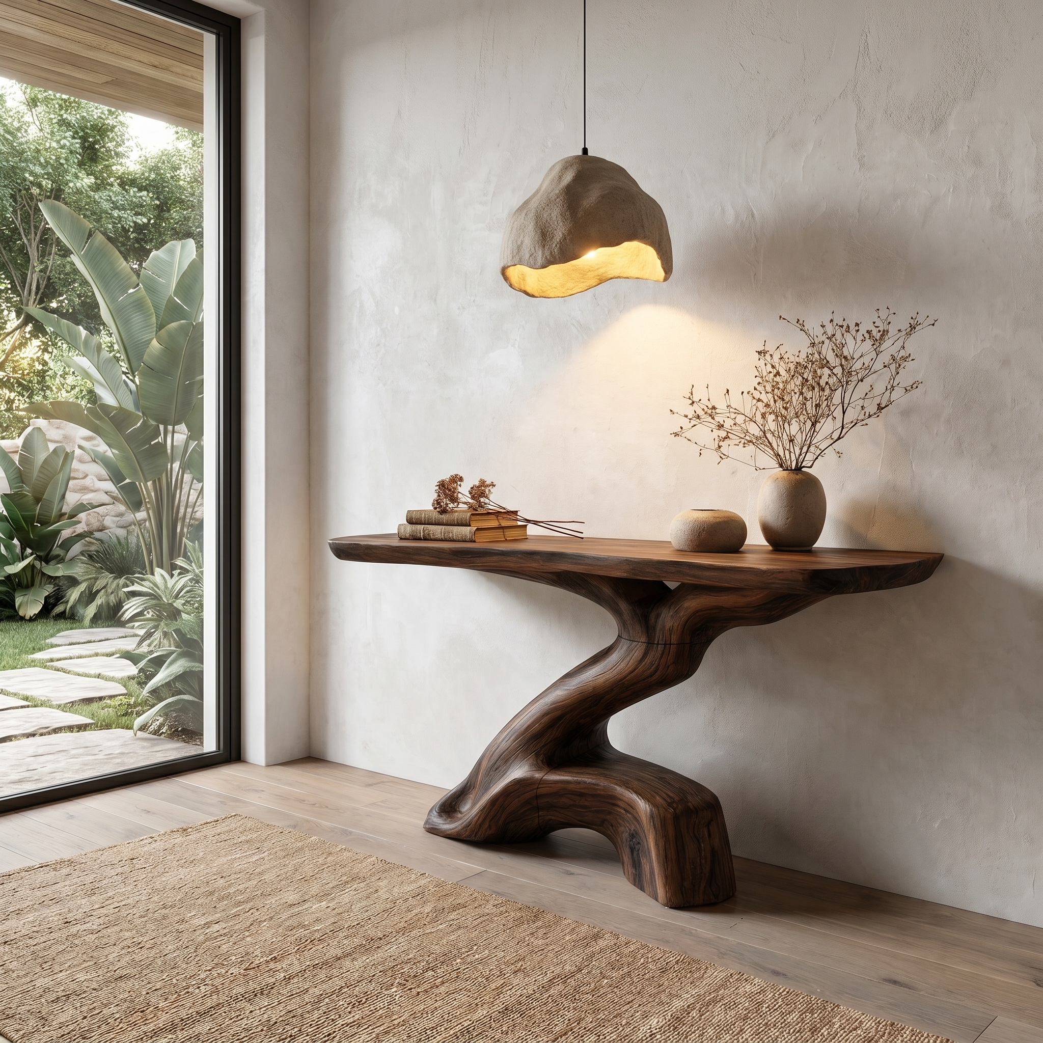 Rustic Console Table With Sculptural Tree Root Base And Solid Wood Top For Entryway And Living Room