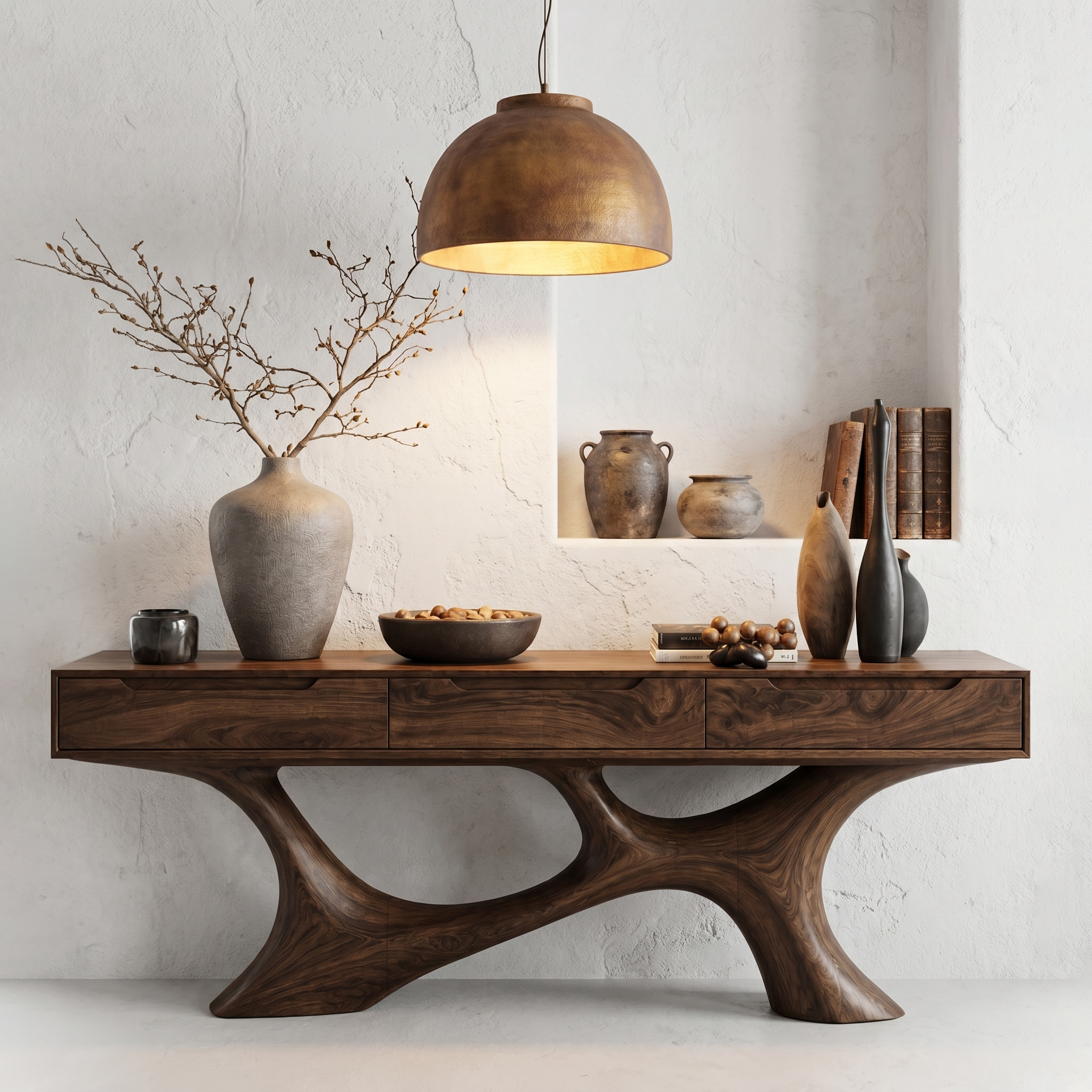 Modern Console Table With Built In Storage Cabinet And Sculptural Curved Wood Base For Entryway And Living Room