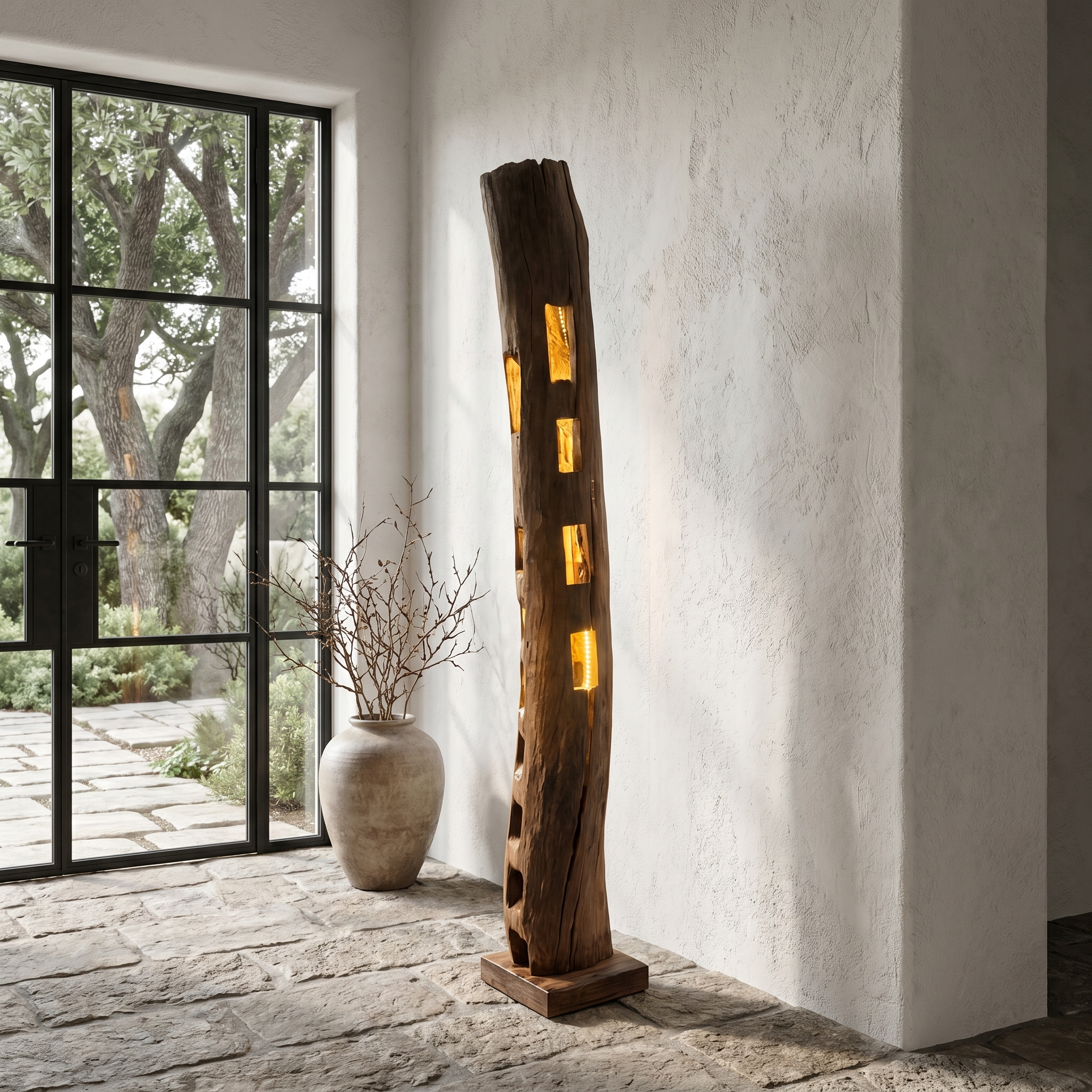 Rustic Wooden Floor Lamp With Natural Hollow Log Design For Living Room And Bedroom