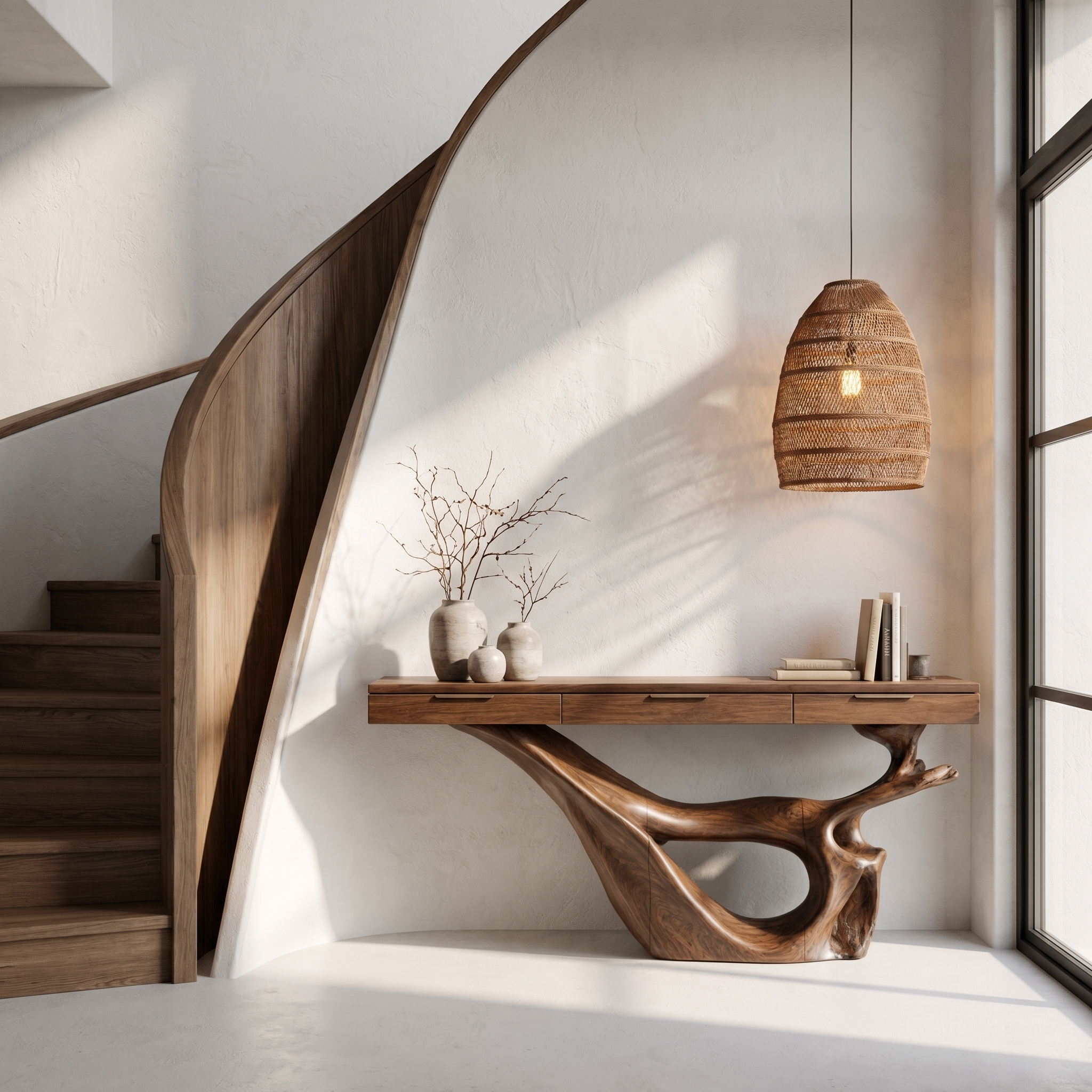 Minimal Console Table With Sculptural Curved Loop Wood Base And Solid Wood Top For Entryway And Living Room