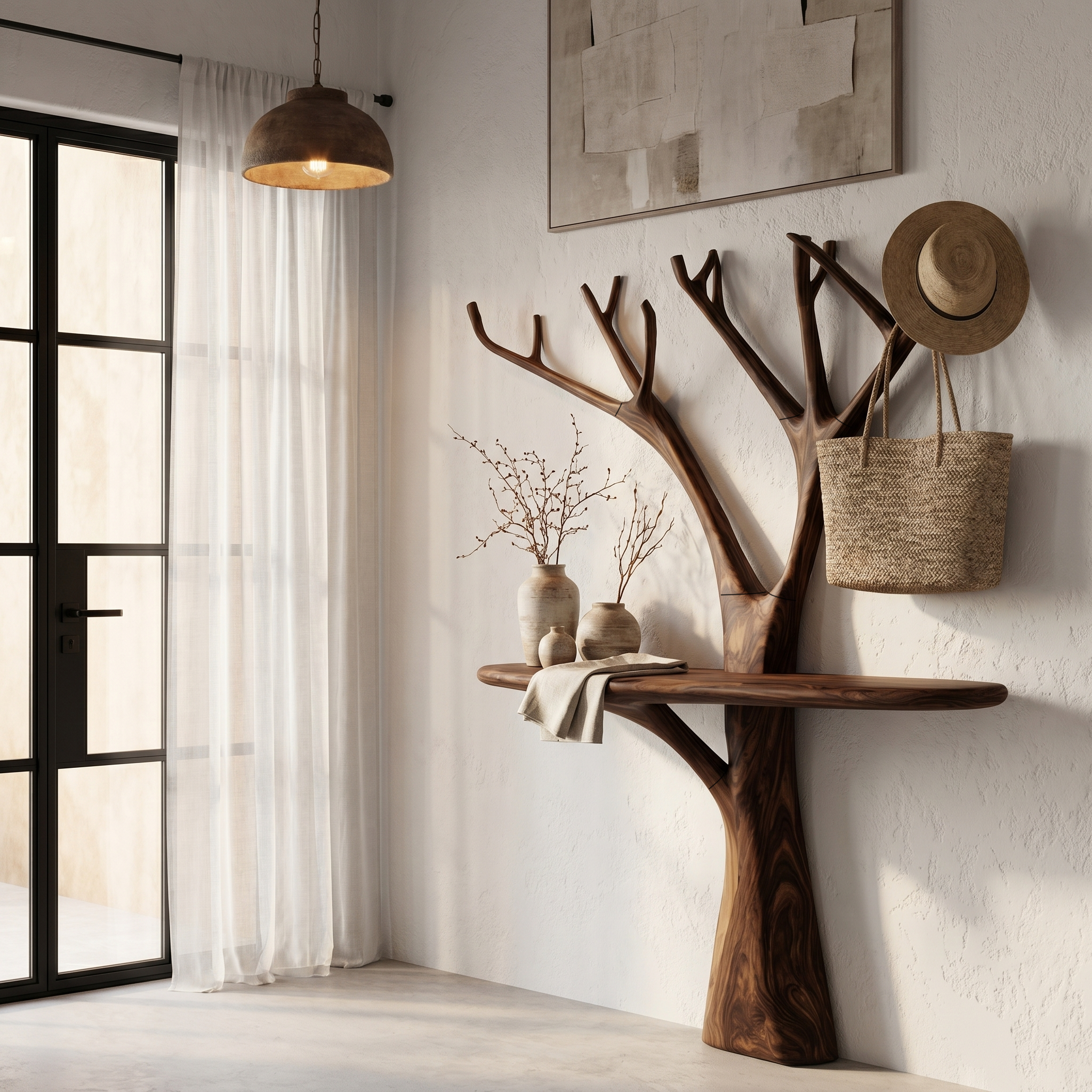 Rustic Organic Console Table With Tree Branch Wood Base For Living Room
