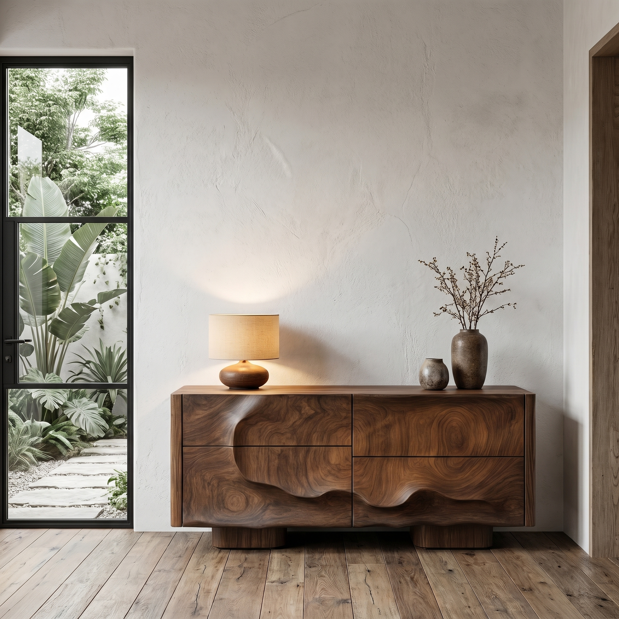 Rustic Organic Storage Cabinet With Carved Wood Doors For Living Room And Entryway