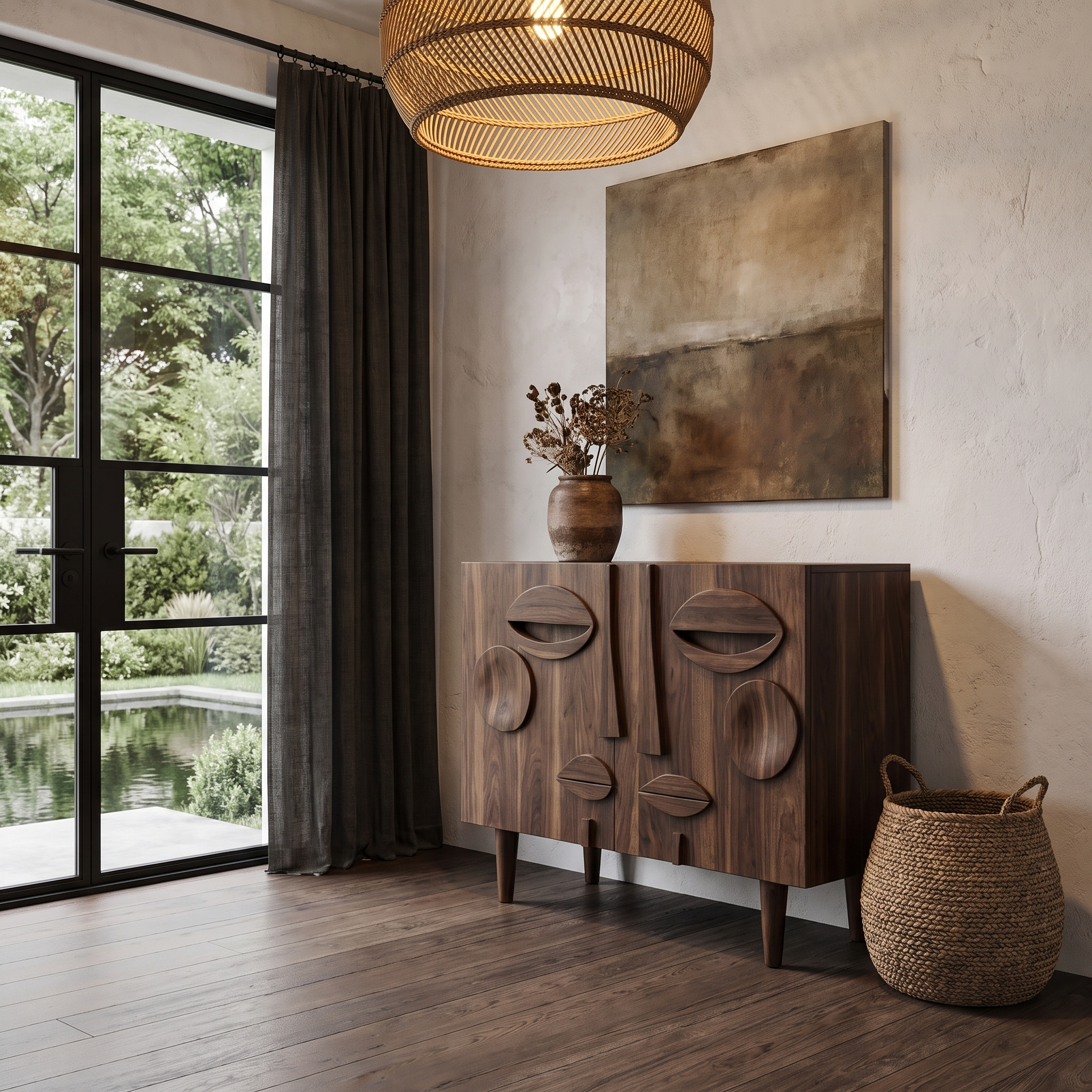Modern Accent Cabinet With Abstract Face Design For Living Room And Entryway
