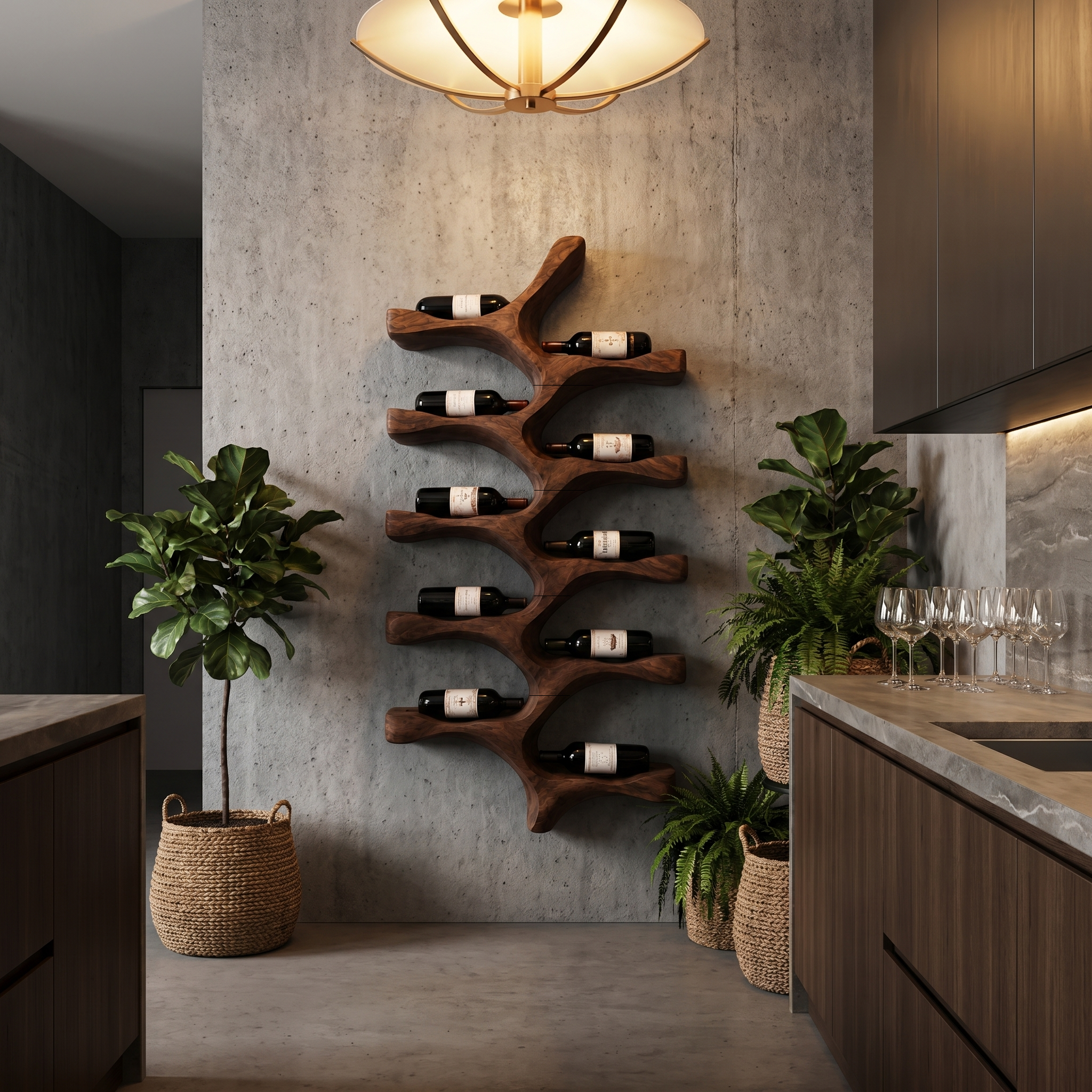 Organic Wall Mounted Wine Rack With Tree Branch Bottle Holders For Kitchen