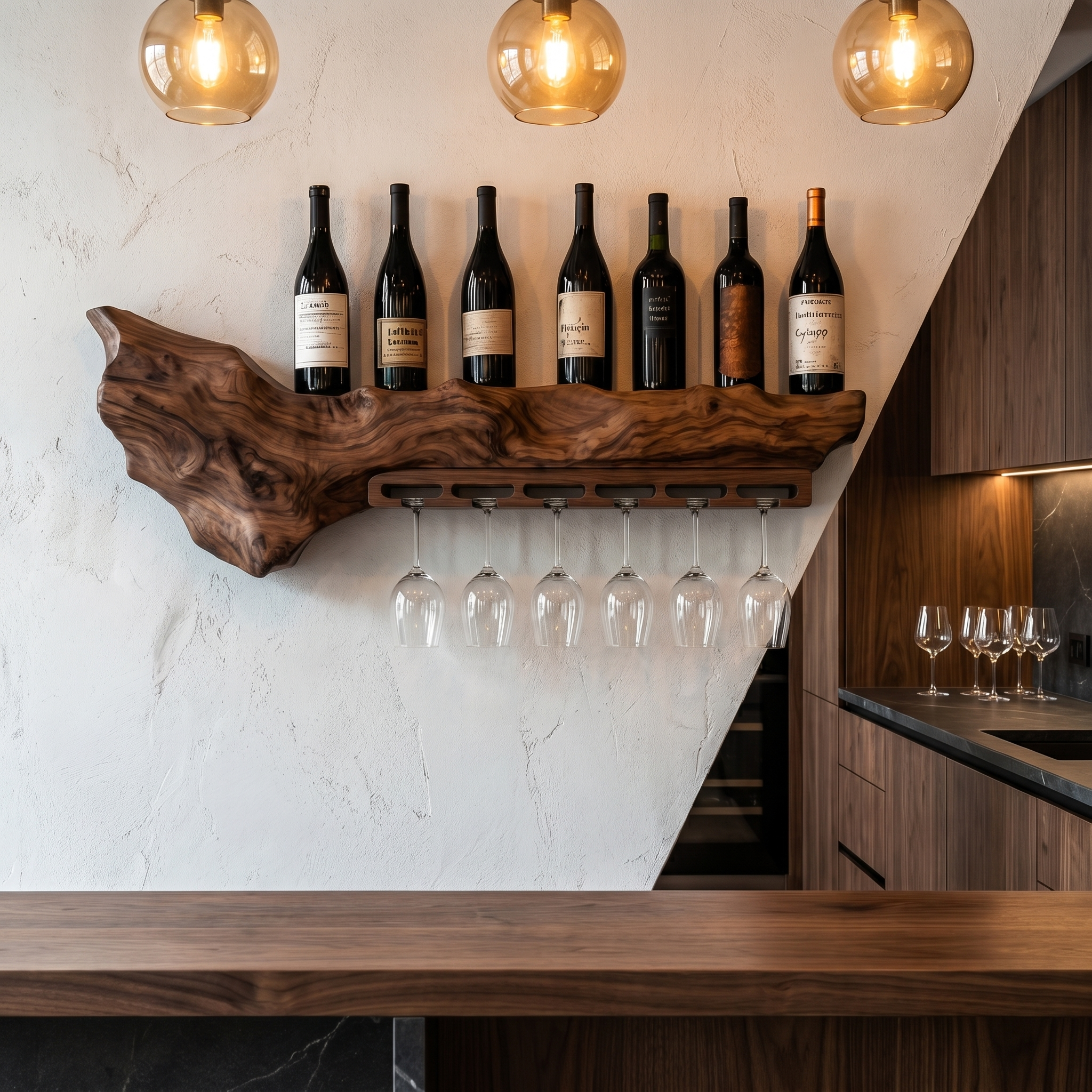 Rustic Live Edge Wall Mounted Wine Rack With Glass Holder And Bottle Storage For Kitchen And Dining Room