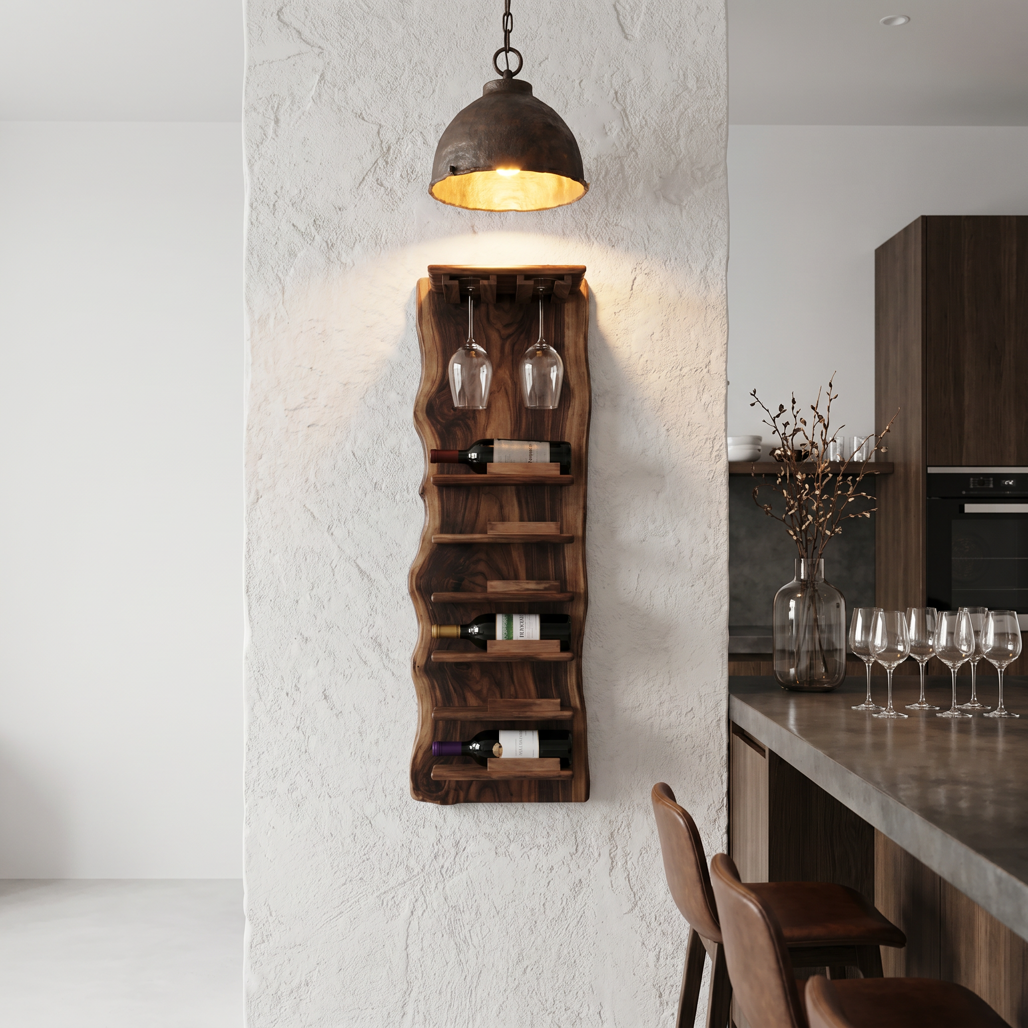 Live Edge Wall Mounted Wine Rack With Glass Holder And Vertical Bottle Storage For Kitchen And Dining Room