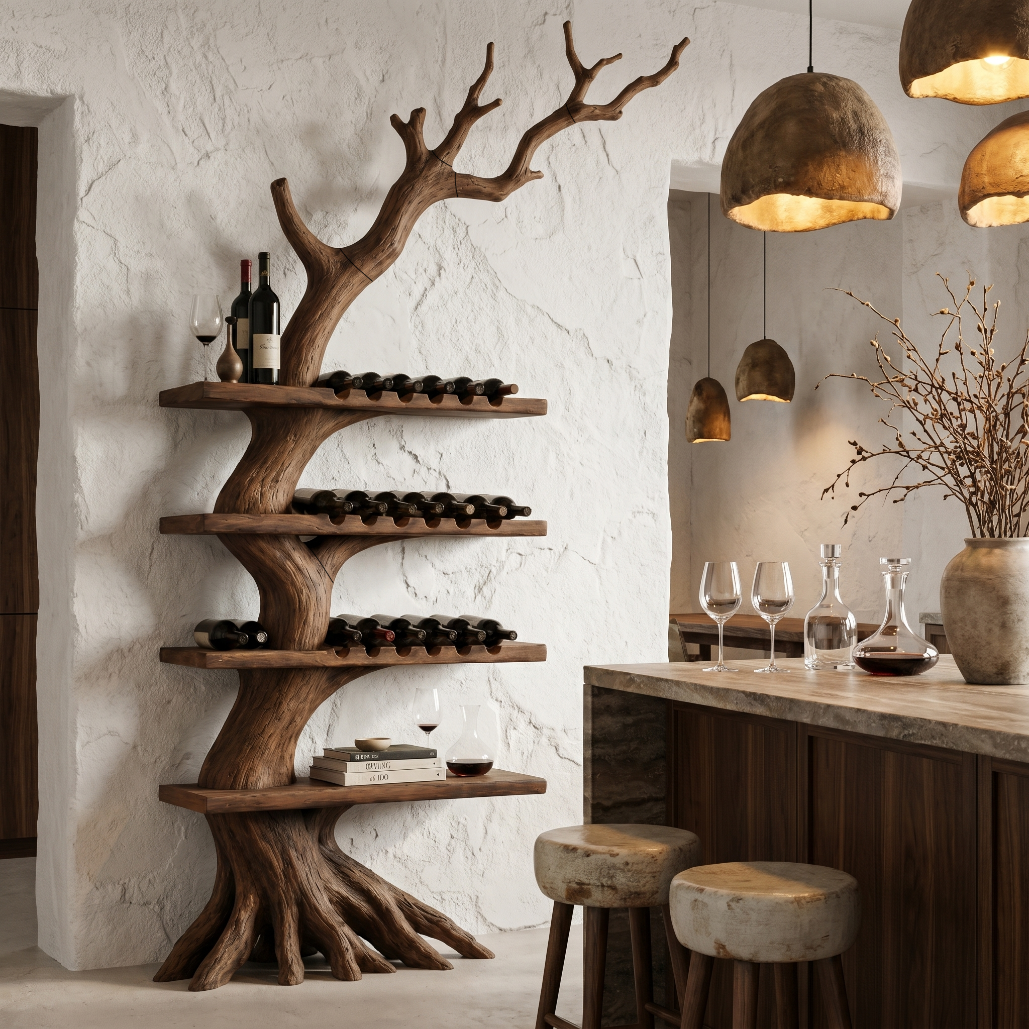 Rustic Tree Wine Rack With Solid Wood Shelves And Branch Inspired Wall Mounted Design For Dining Room